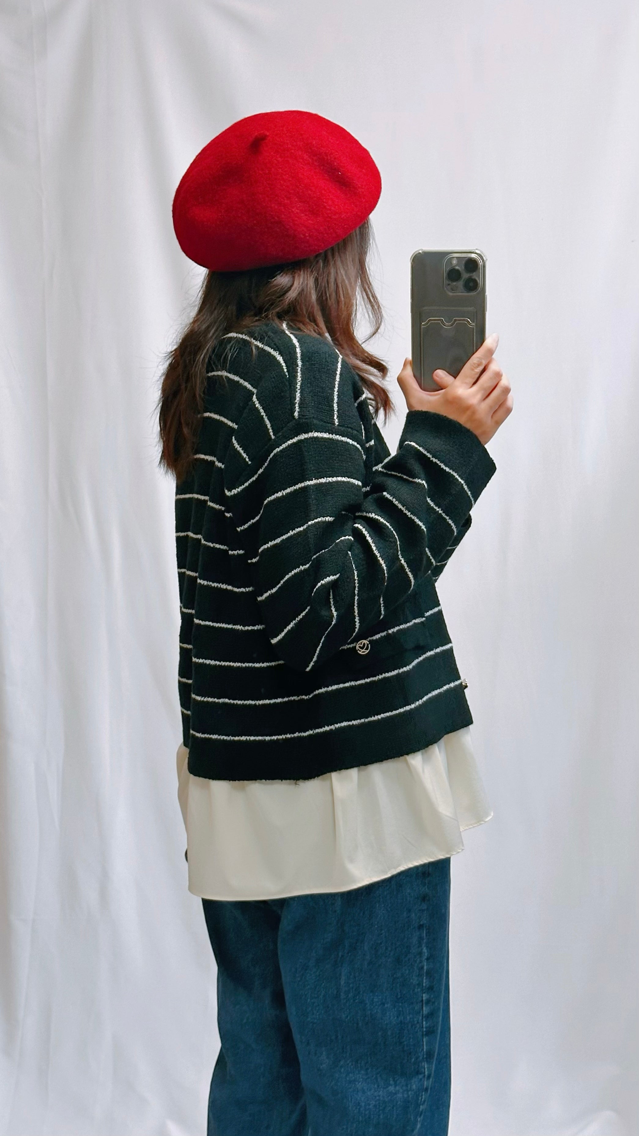 (訂貨)心心鈕扣間條Cardigan/黑