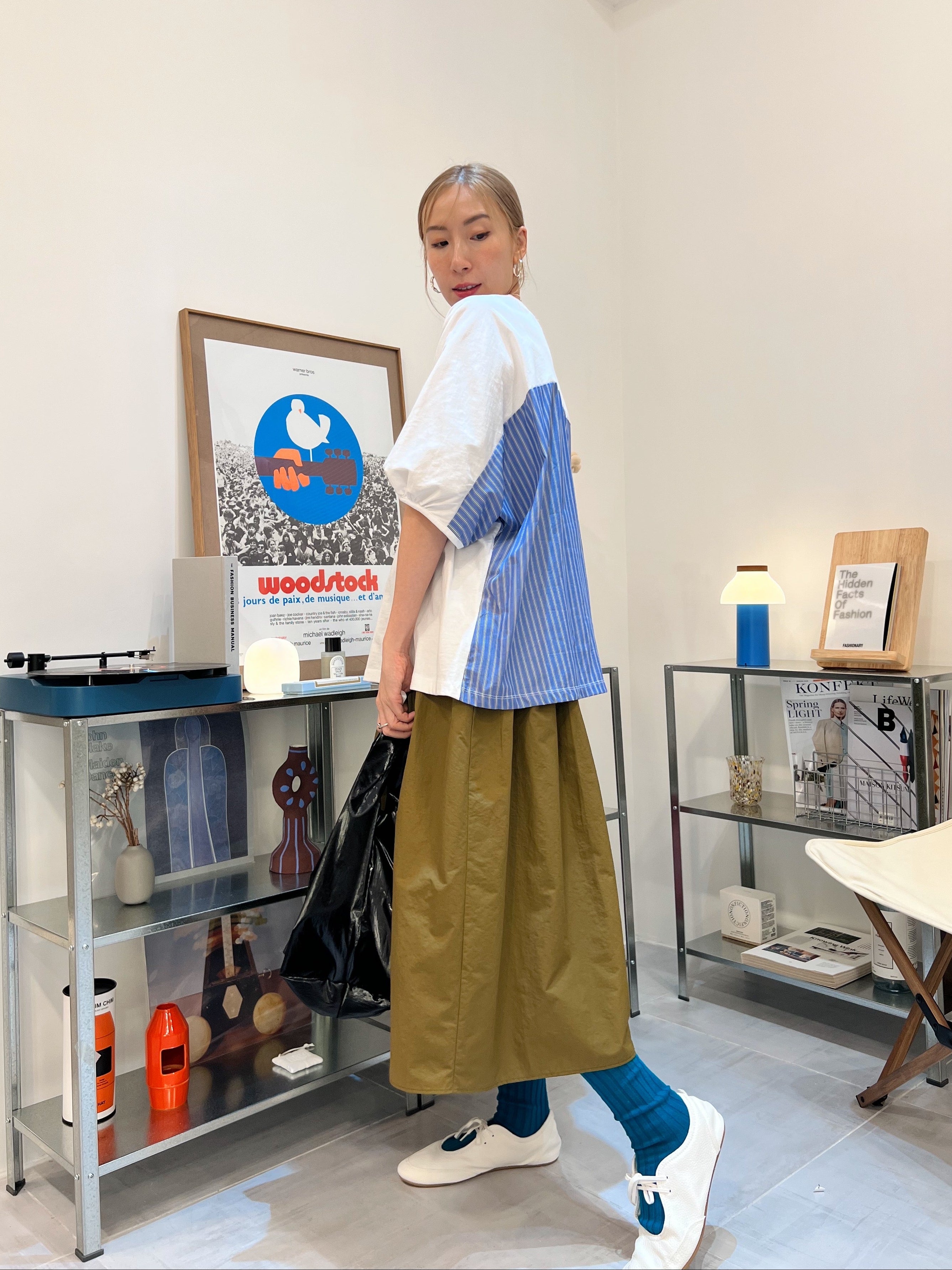 兩側縮褶散裙/橄欖