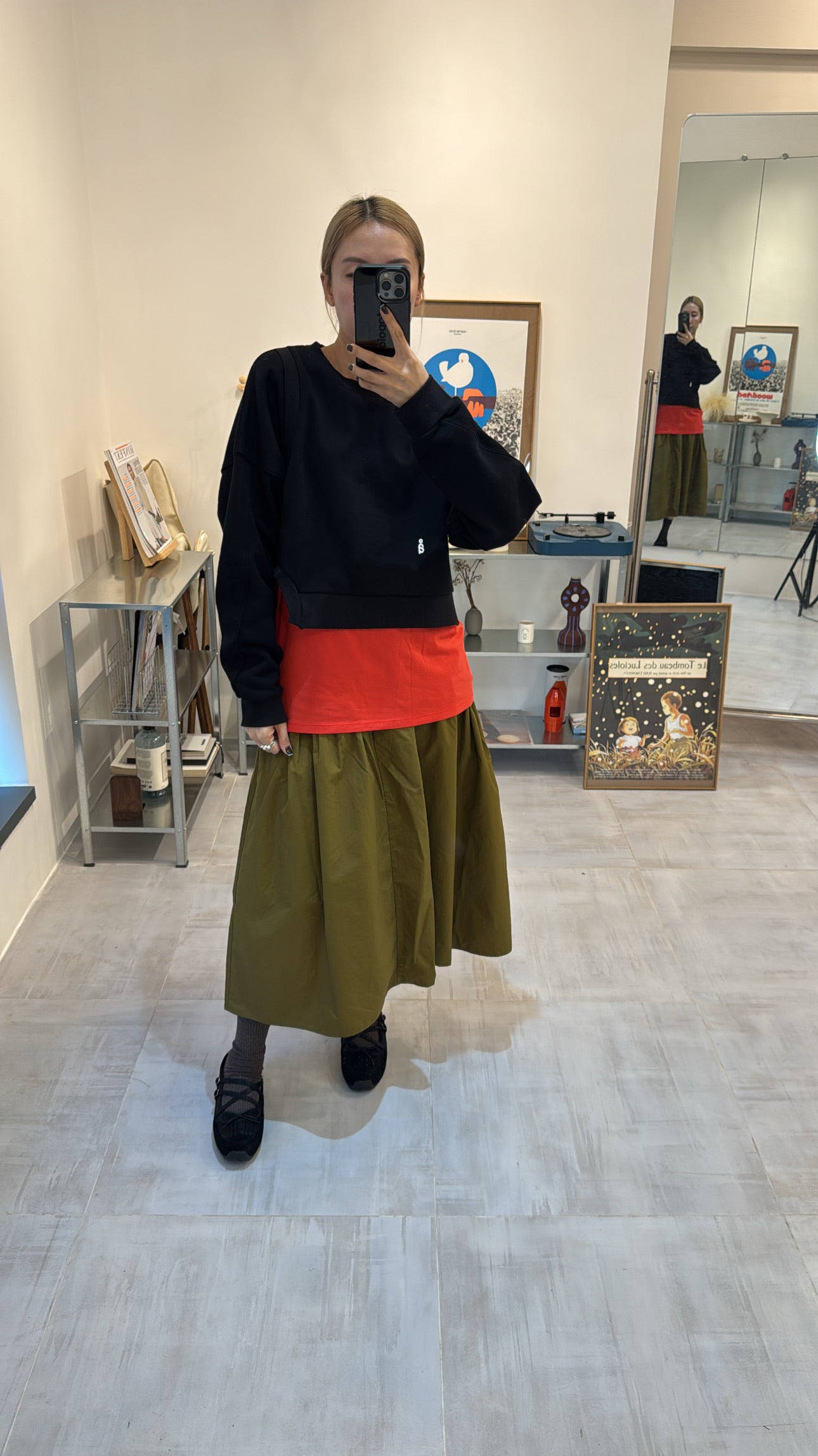 兩側縮褶散裙/橄欖