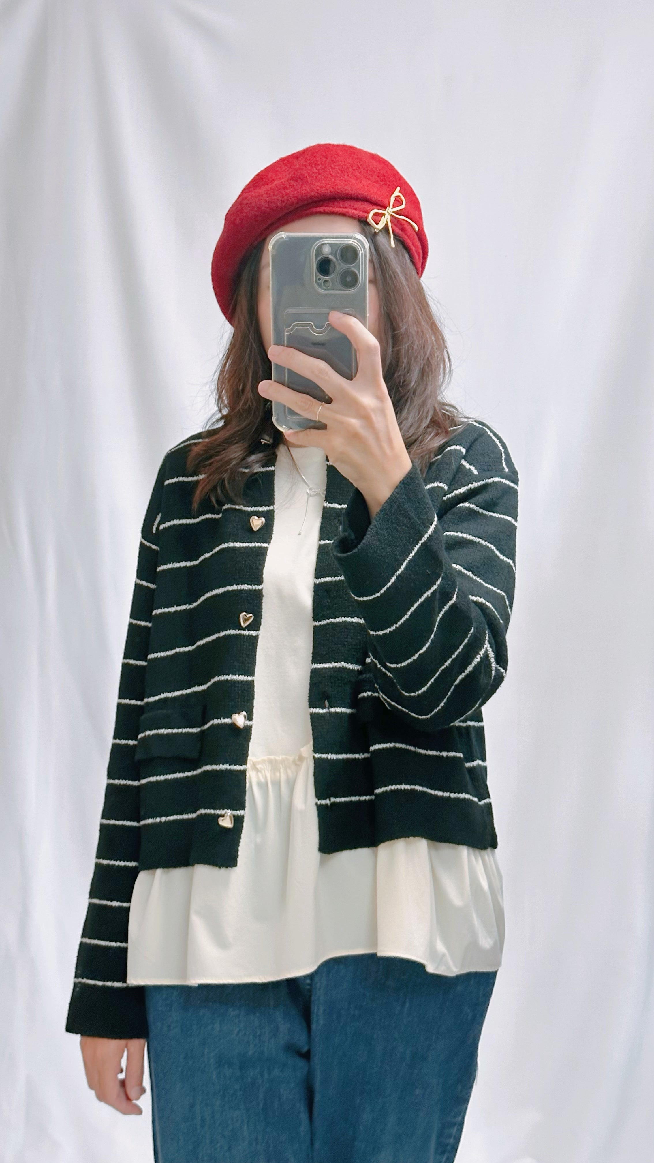 (訂貨)心心鈕扣間條Cardigan/黑