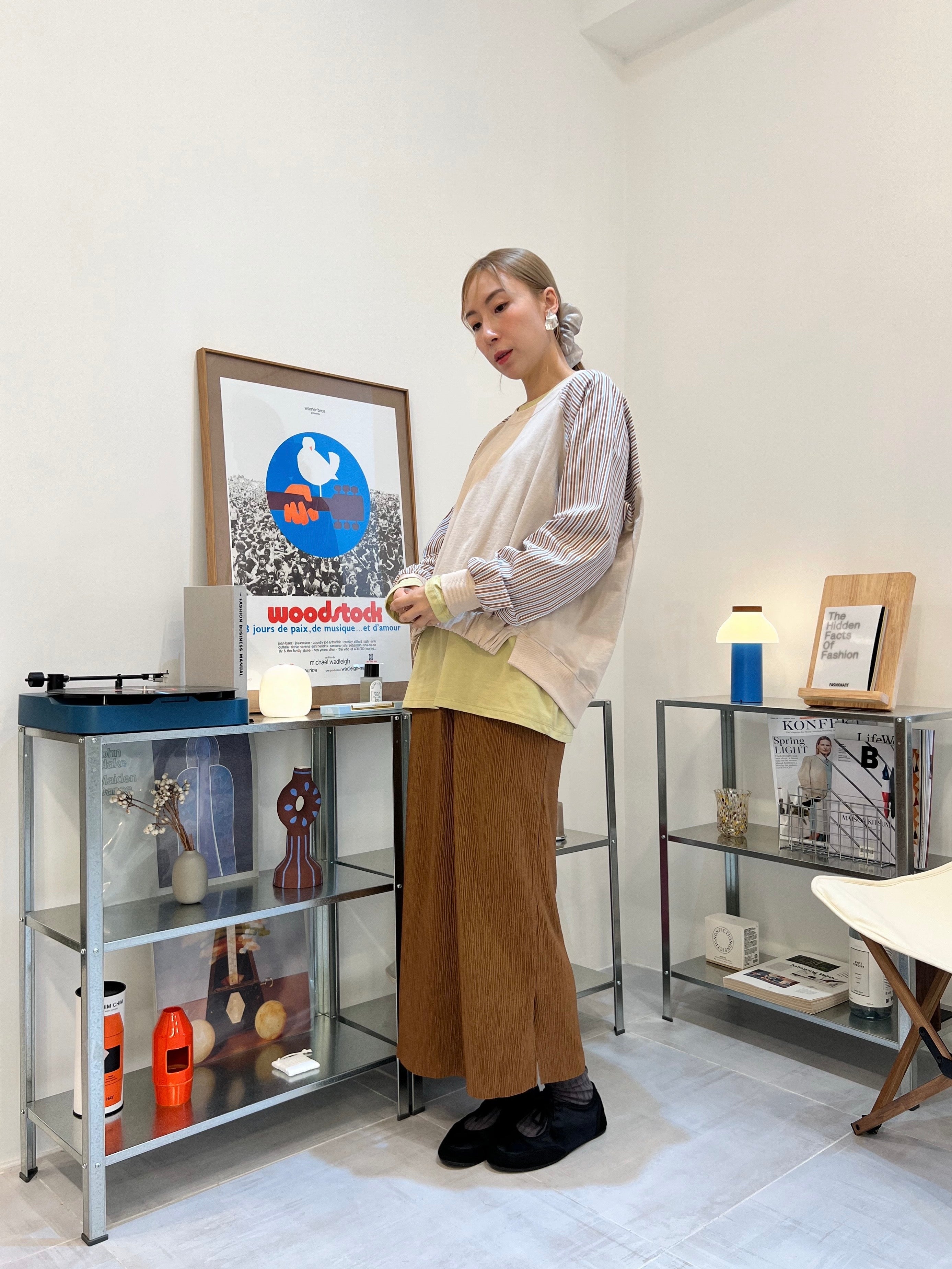 條子袖併布T-shirt/杏