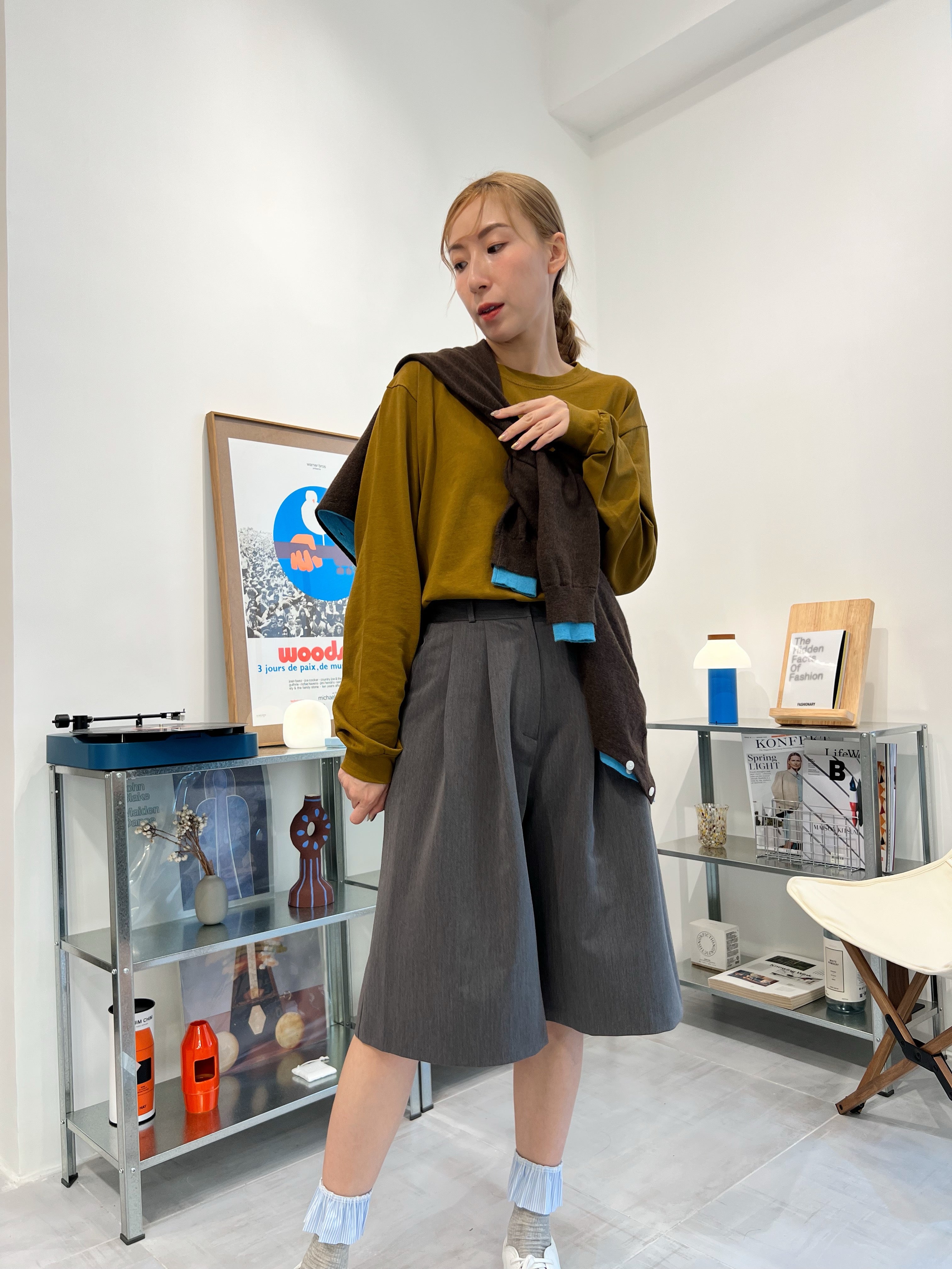 併色cardigan/啡+彩藍