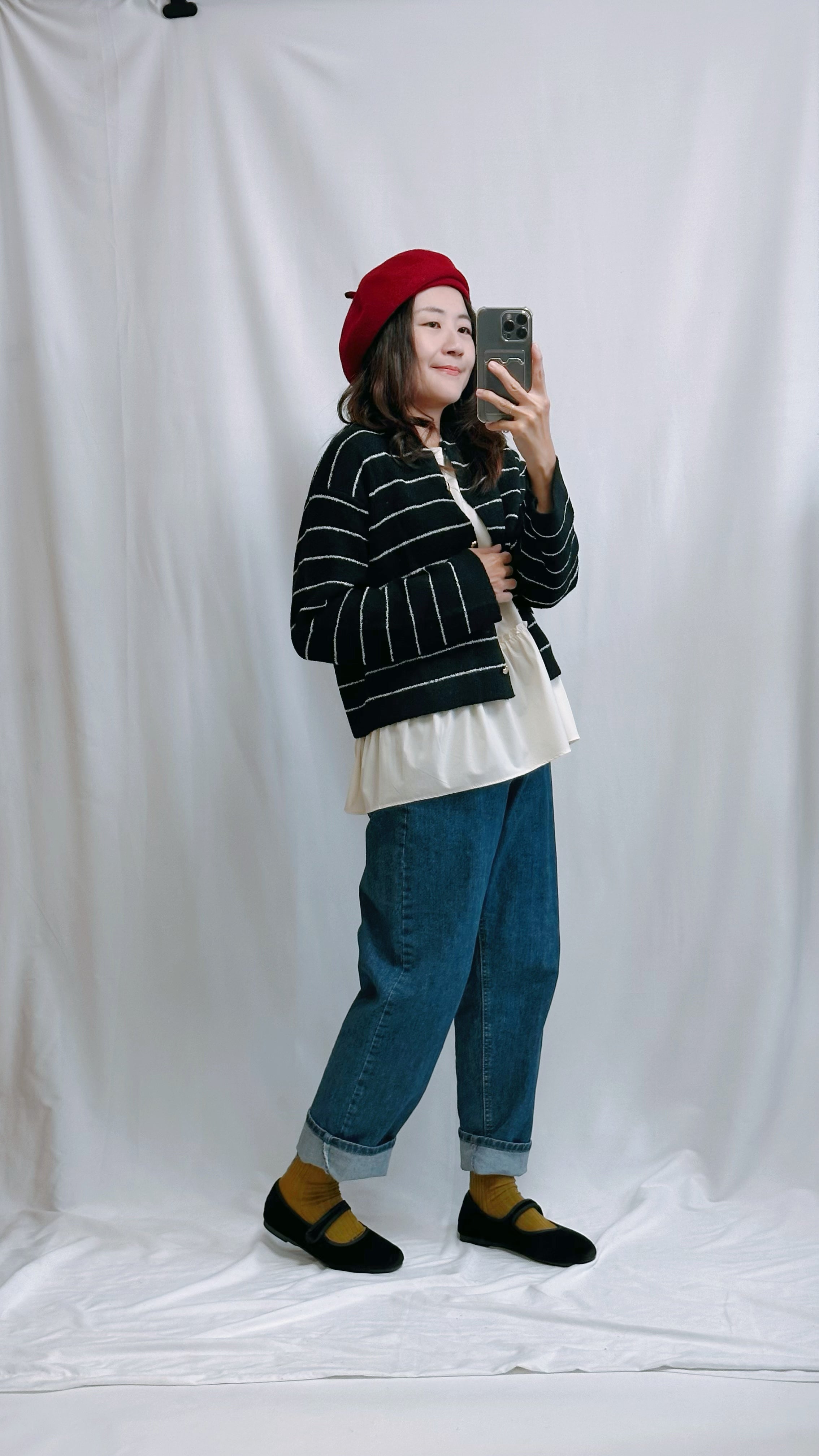 (訂貨)心心鈕扣間條Cardigan/黑