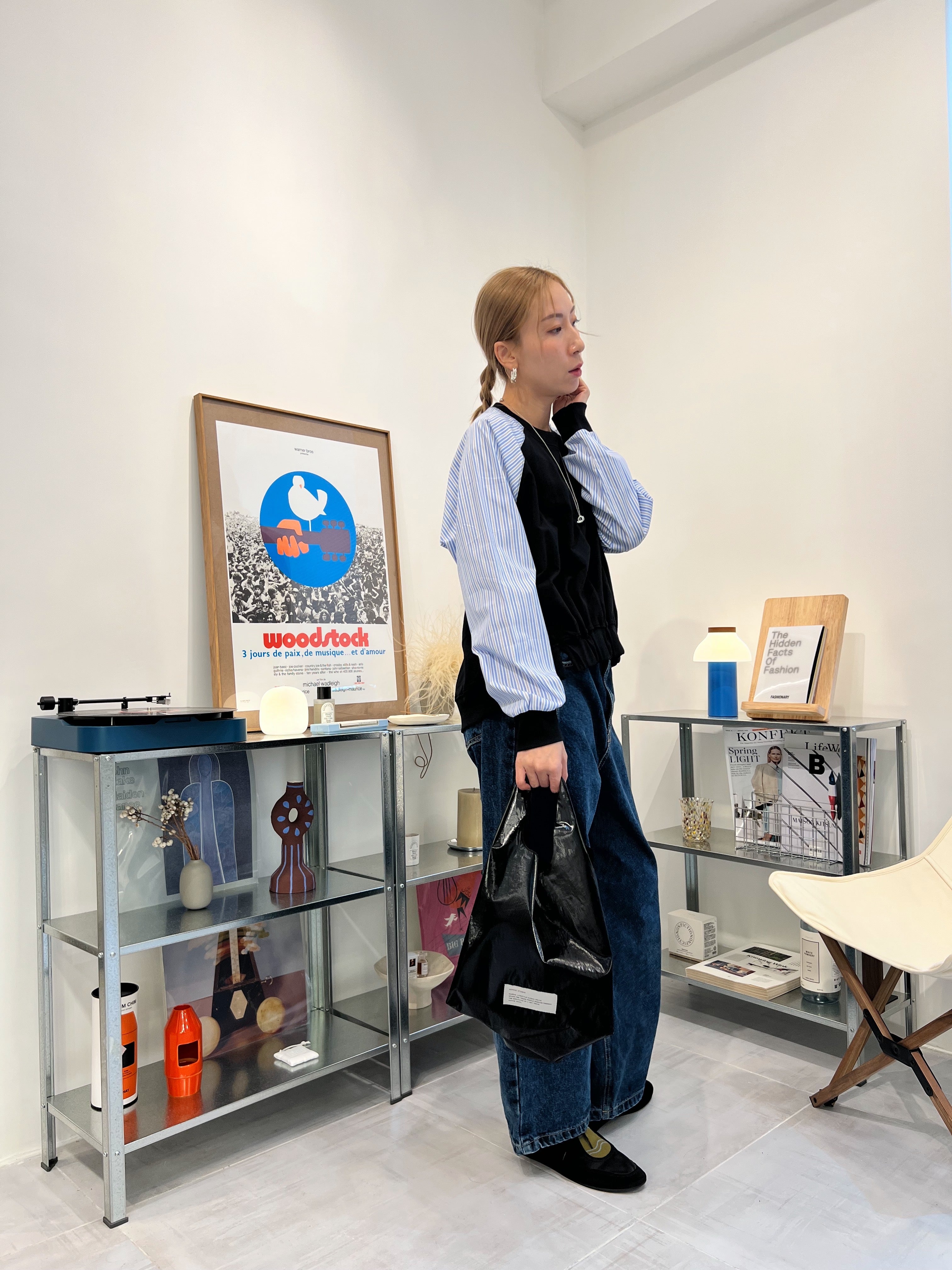 條子袖併布T-shirt/深藍