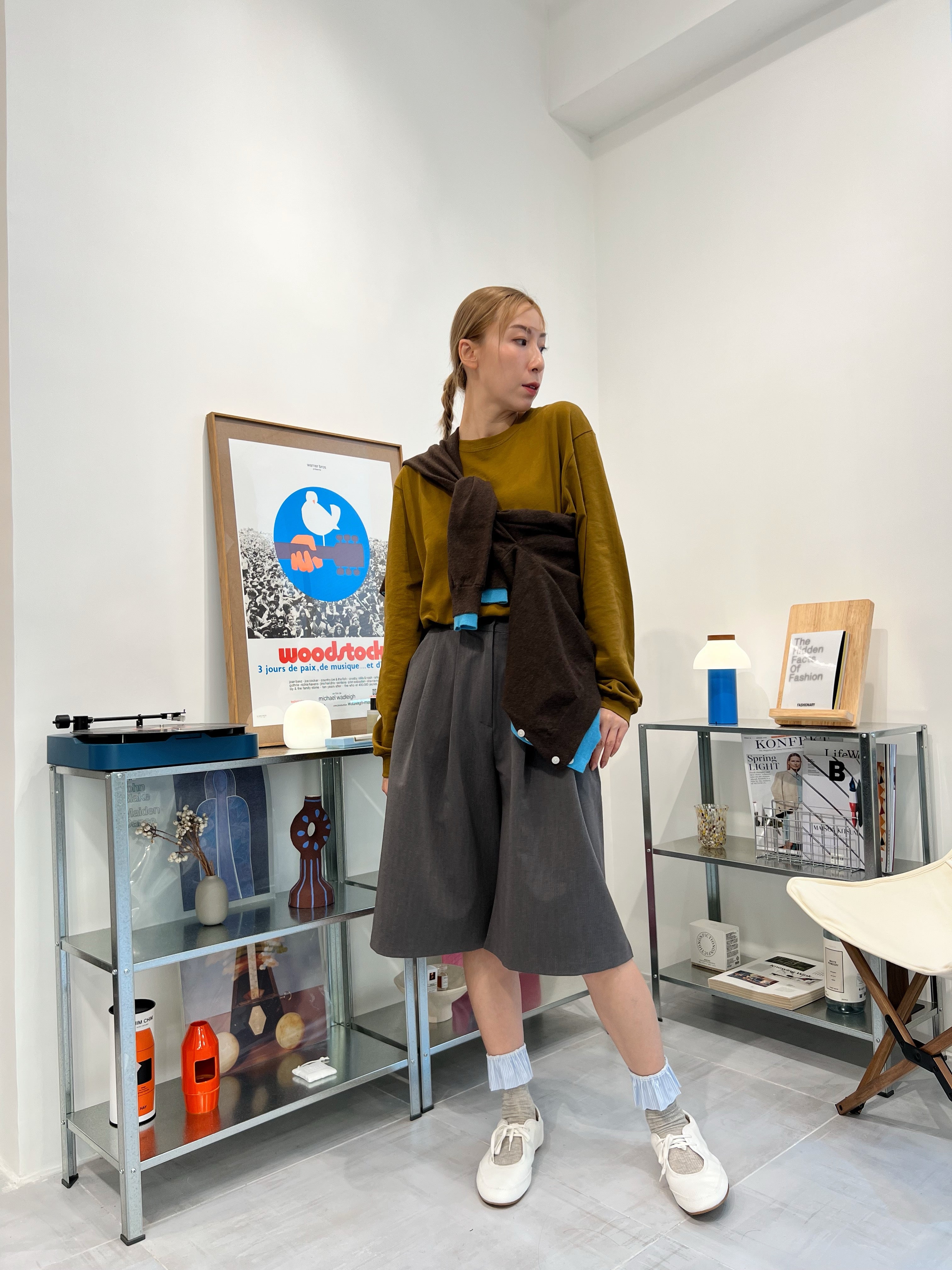 併色cardigan/啡+彩藍