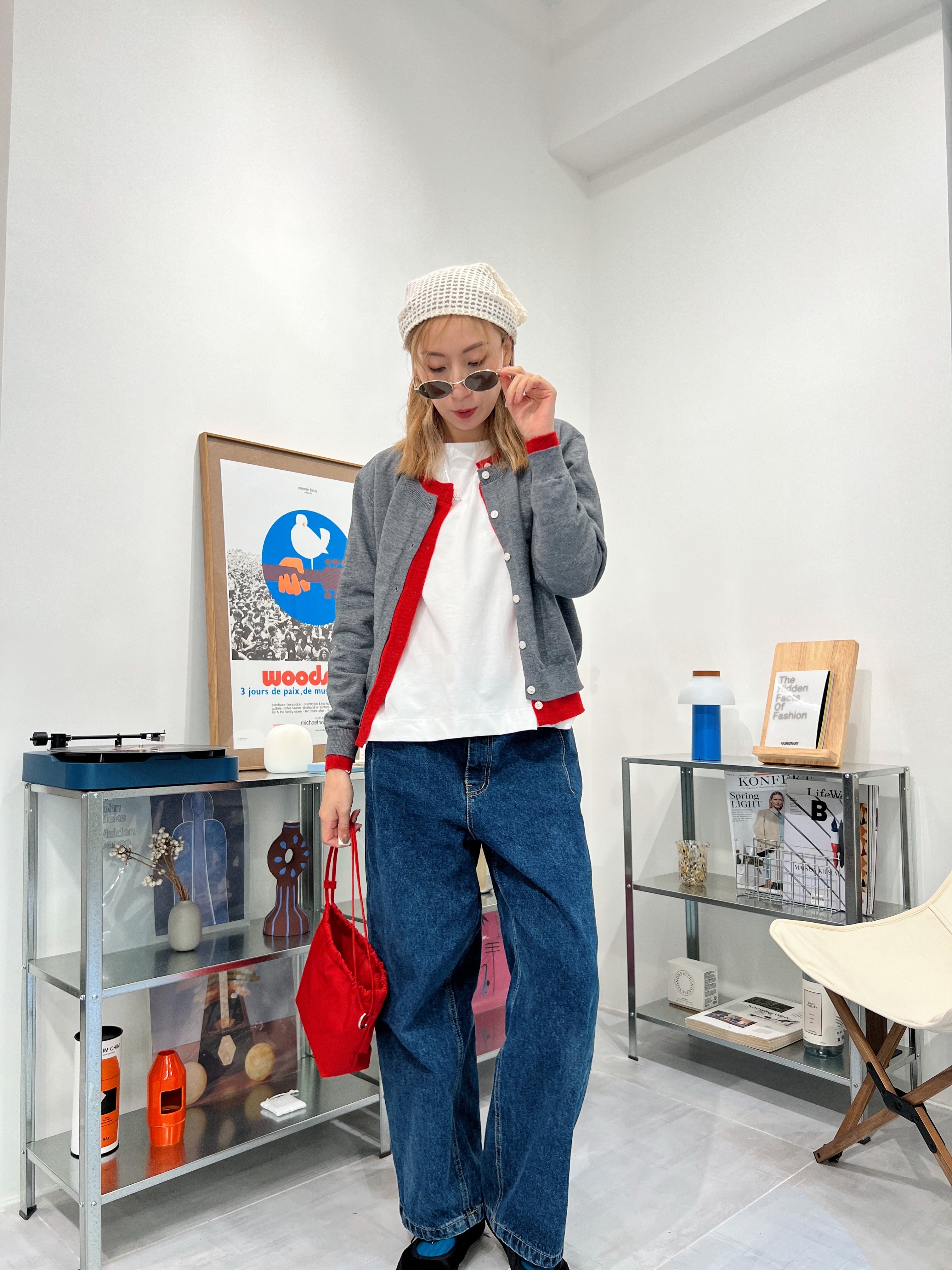 併色cardigan/灰+紅