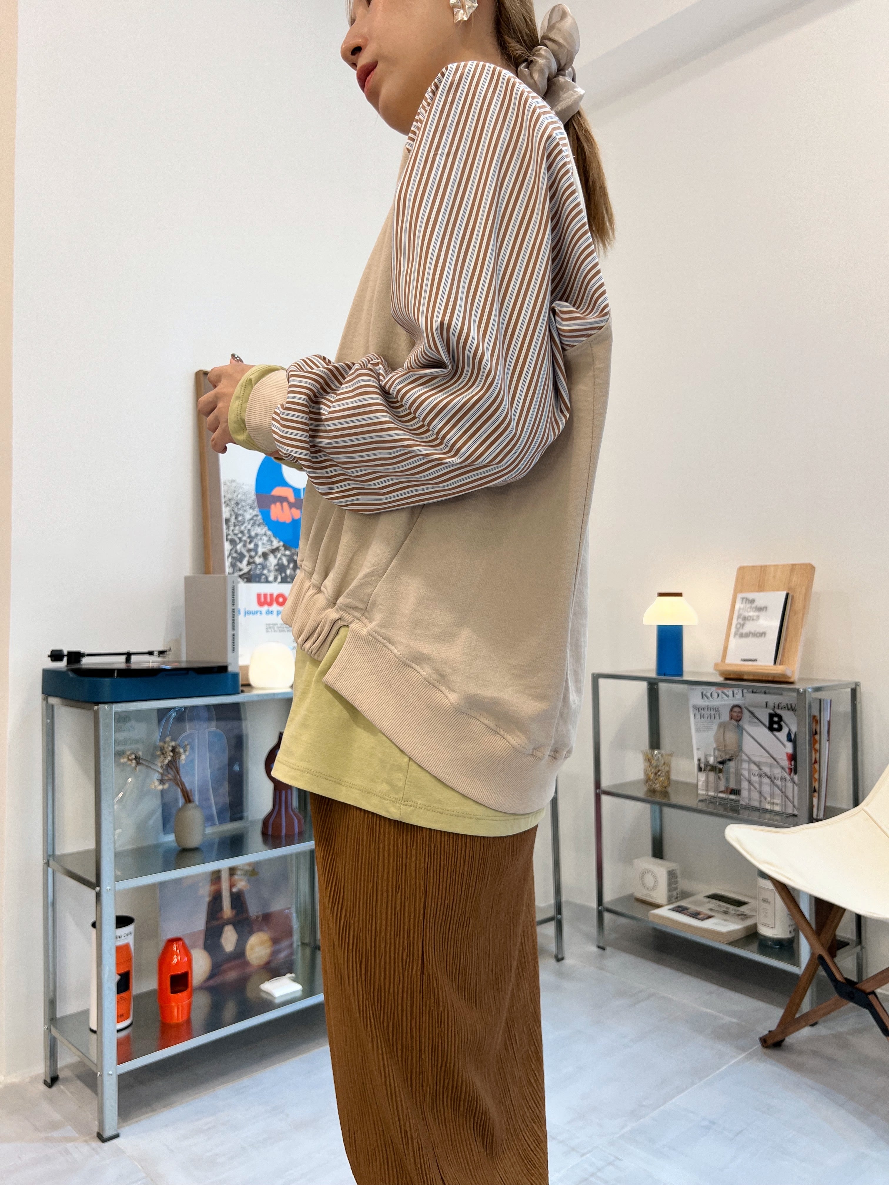 條子袖併布T-shirt/杏