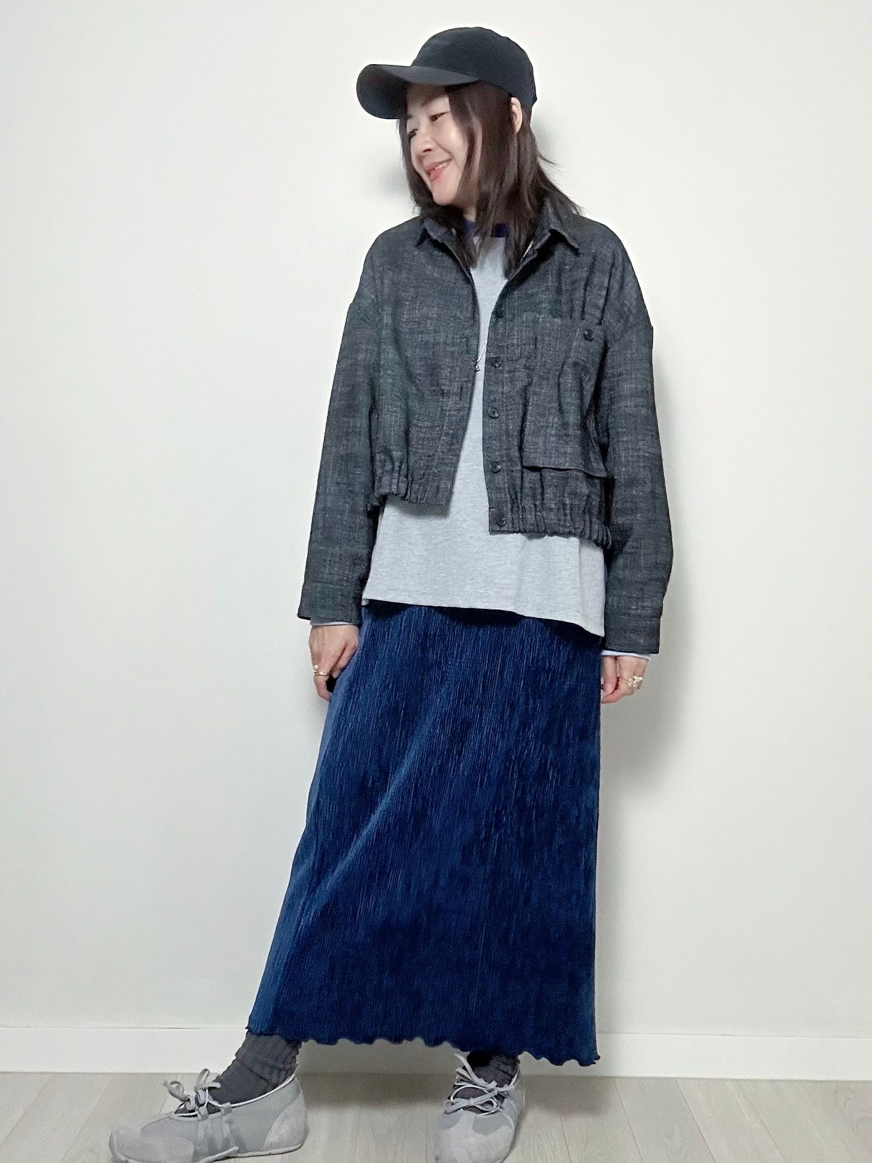 壓褶絲絨直身裙/深藍