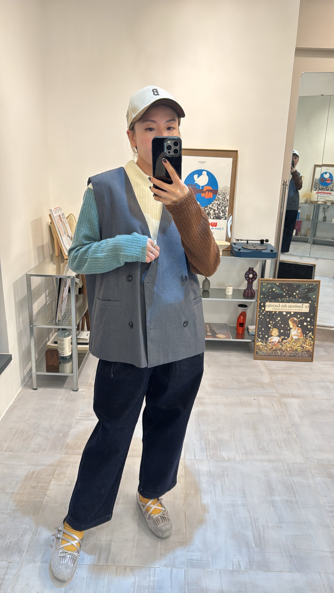 兩袖併色小企領T-shirt/米白