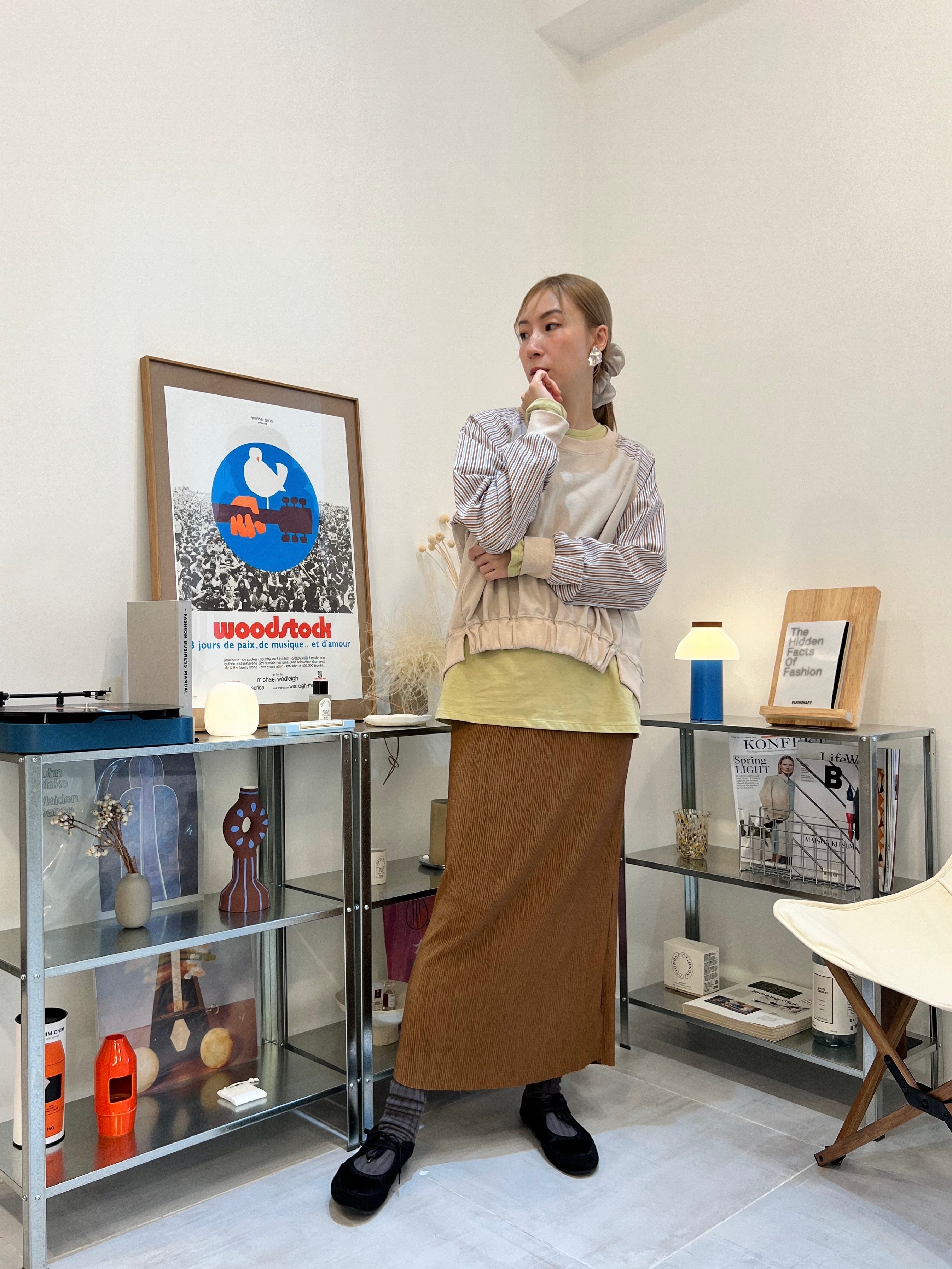 條子袖併布T-shirt/杏