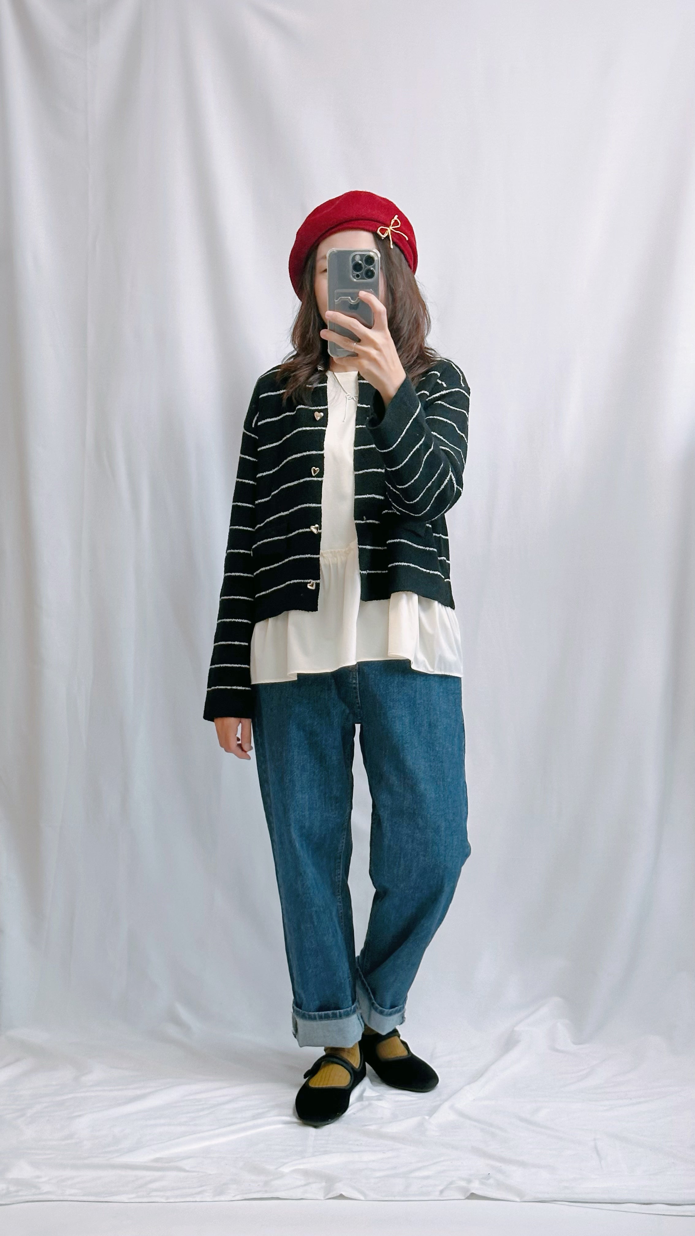 (訂貨)心心鈕扣間條Cardigan/黑