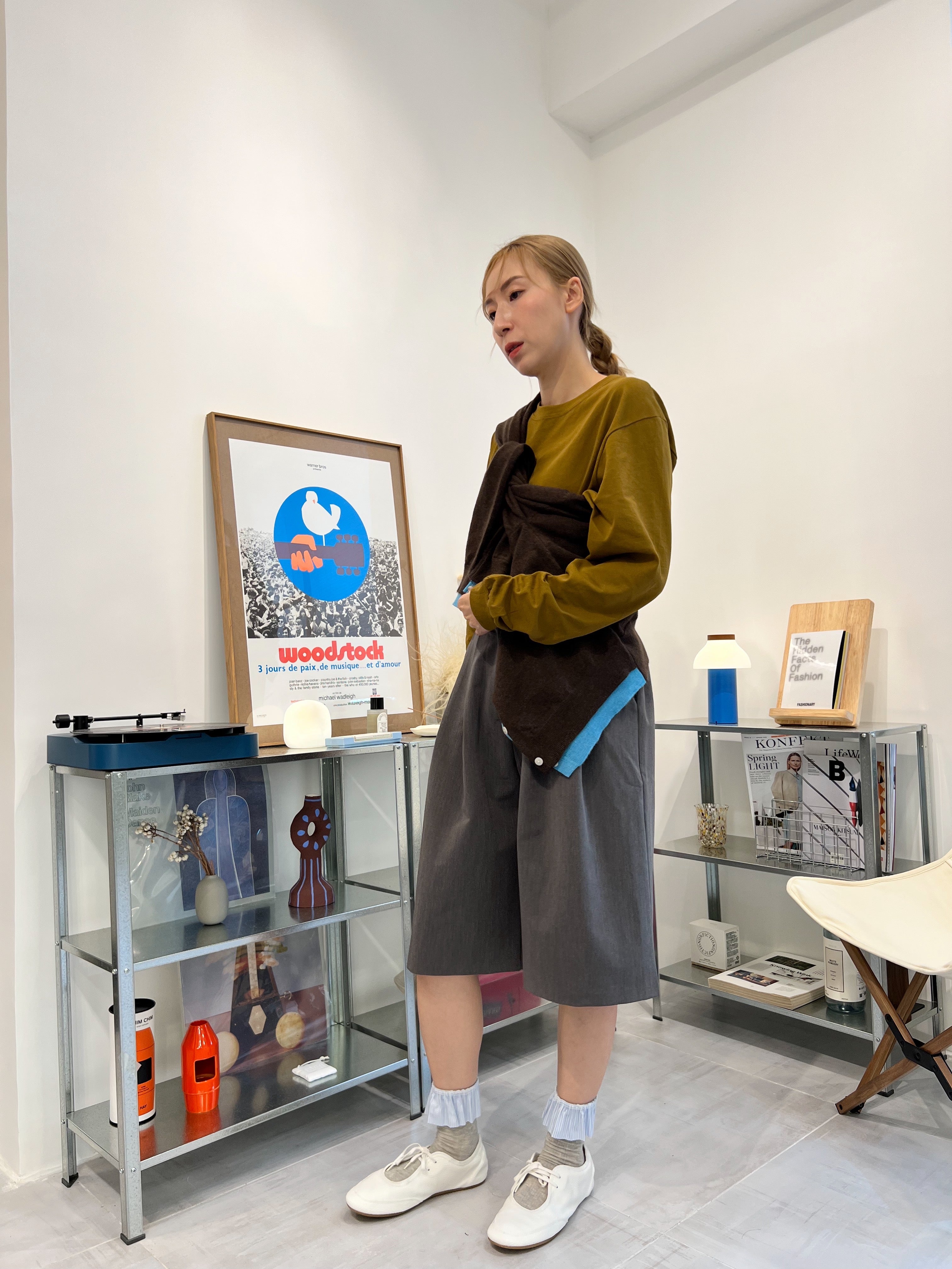 併色cardigan/啡+彩藍