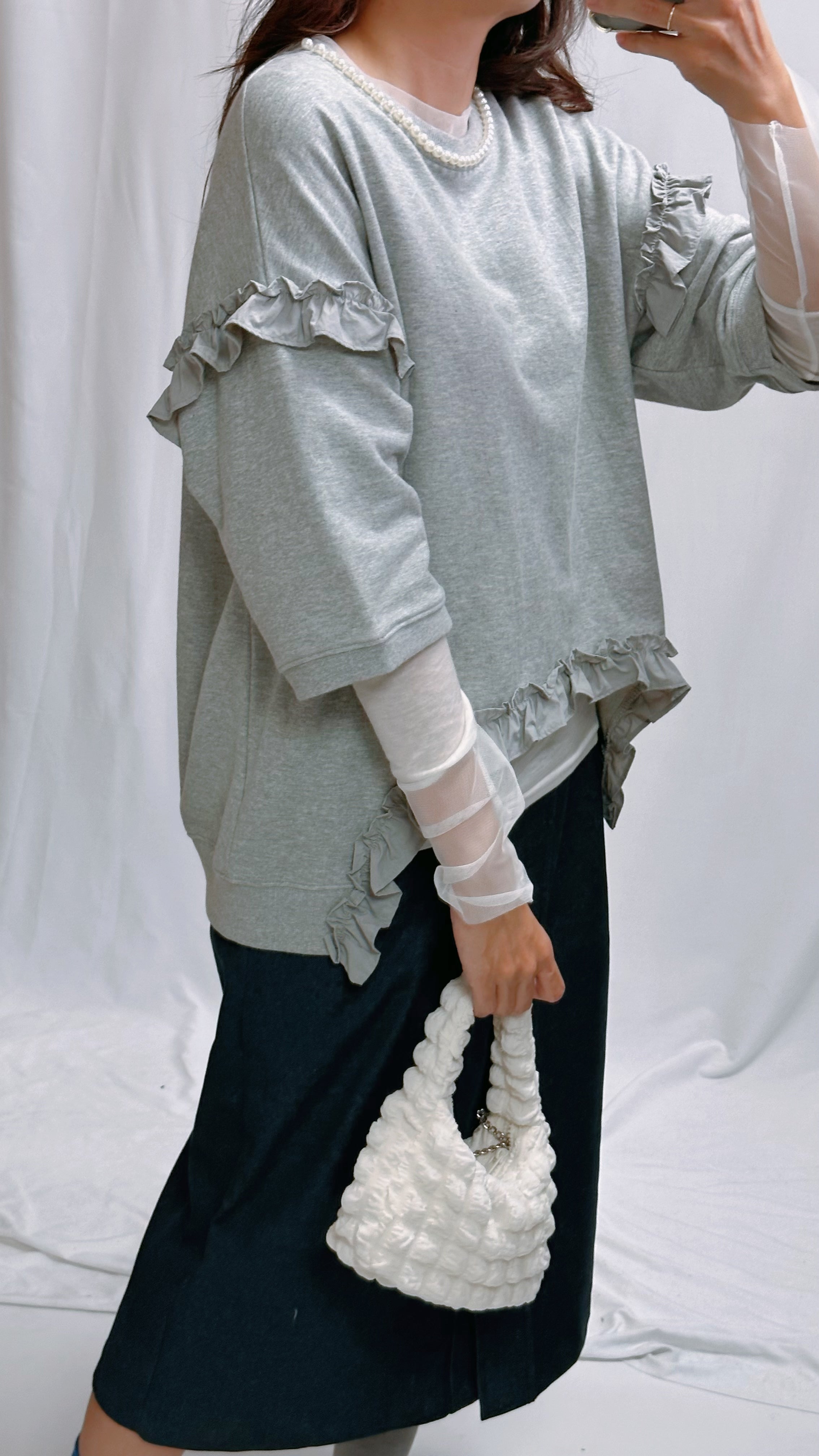 (訂貨)珍珠領縮褶圓腳T-shirt/灰