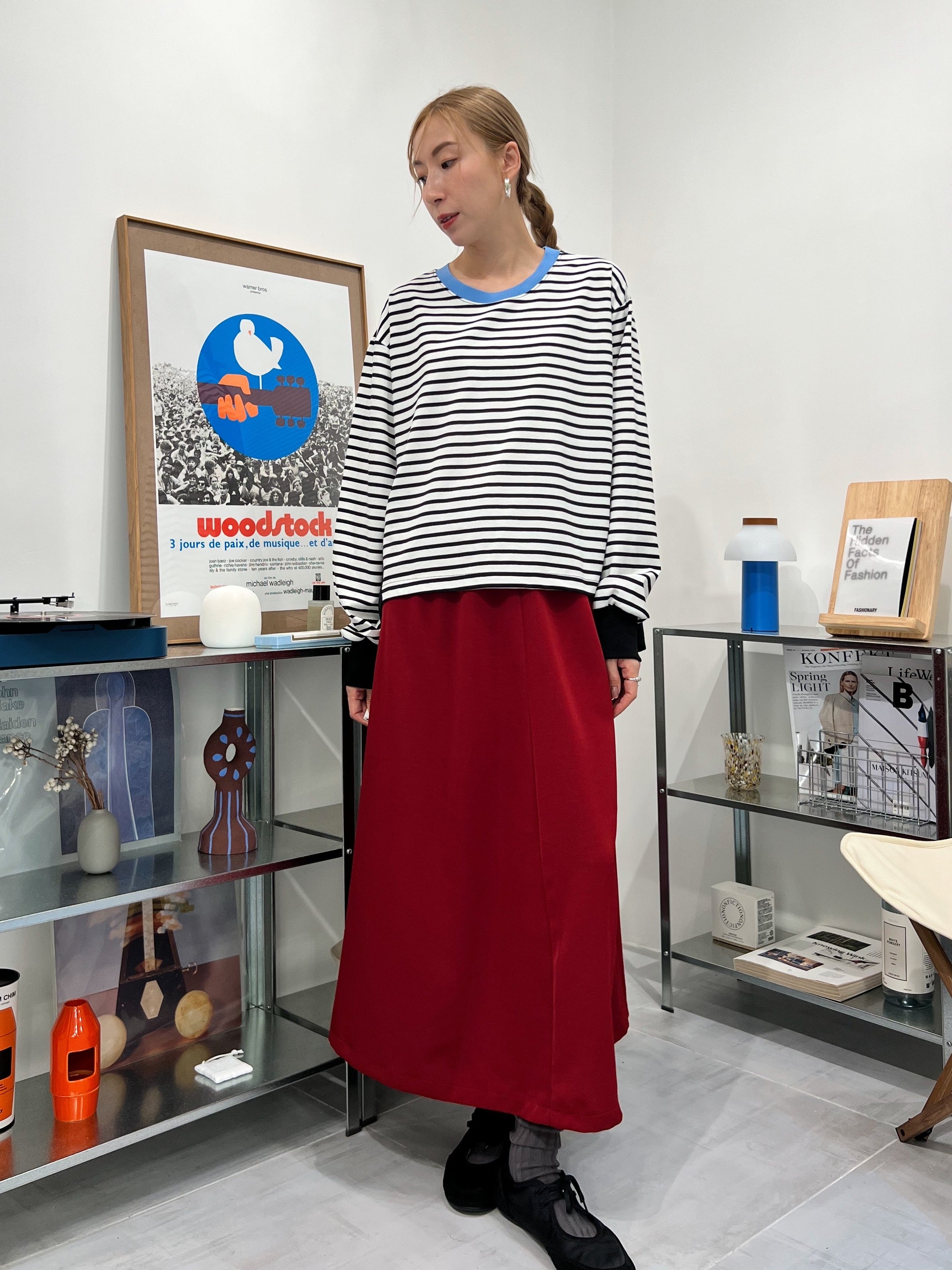 前間條後淨色T-shirt/淺藍領