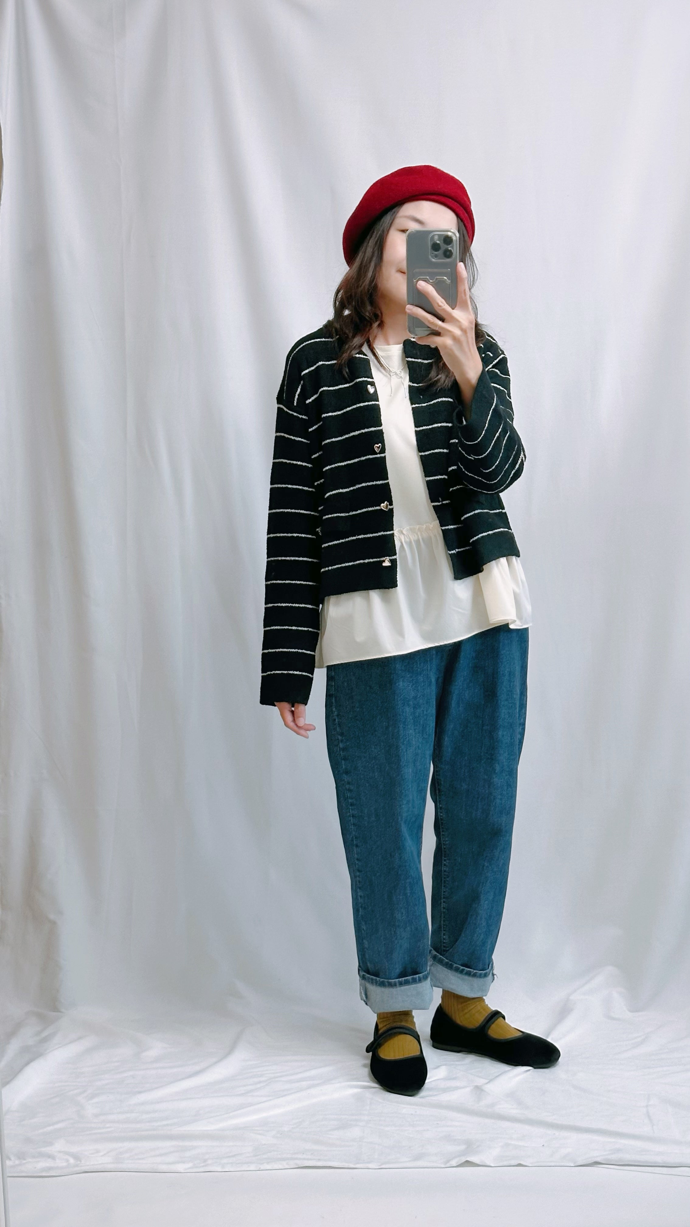 (訂貨)心心鈕扣間條Cardigan/黑