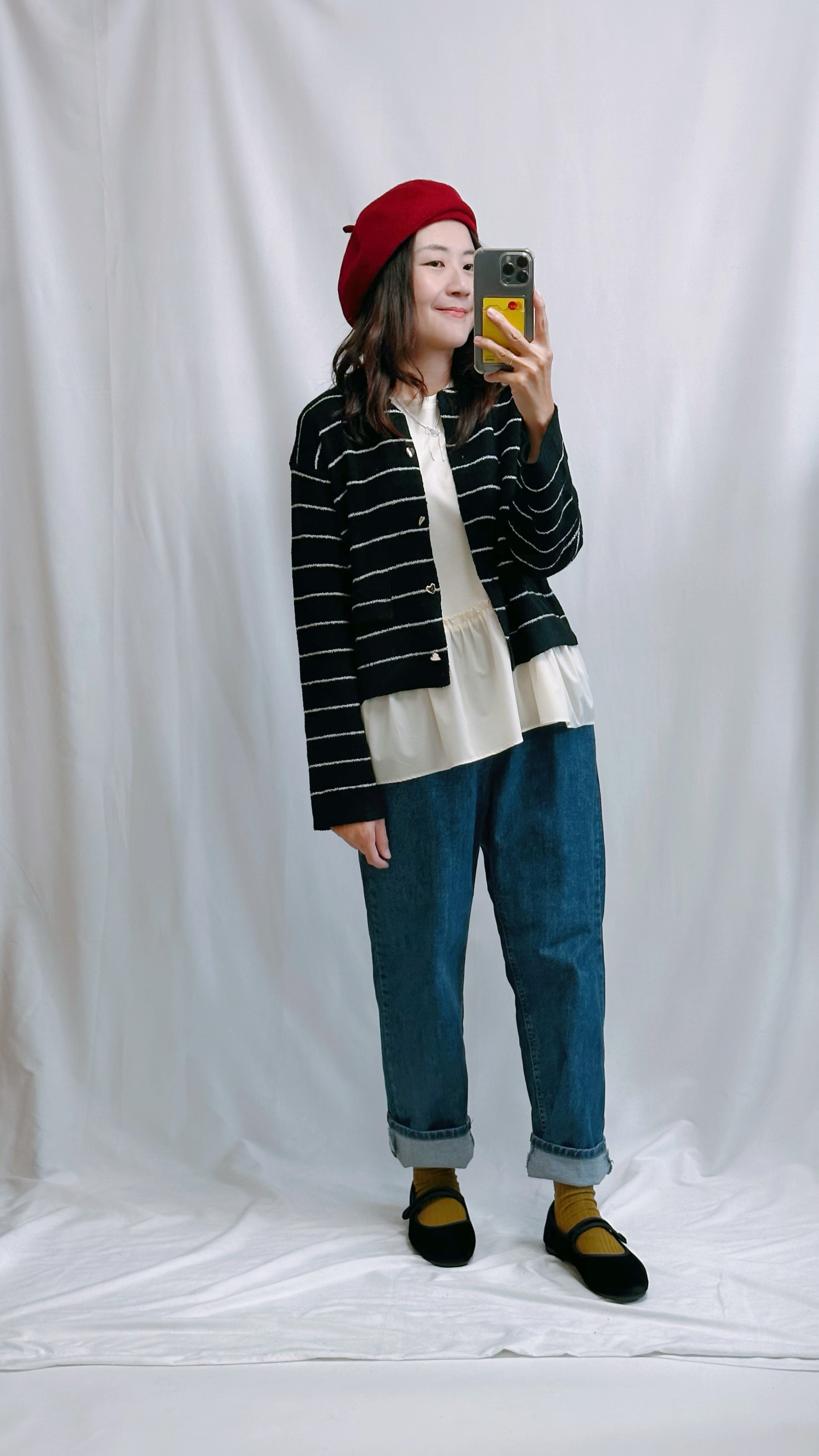 (訂貨)心心鈕扣間條Cardigan/黑