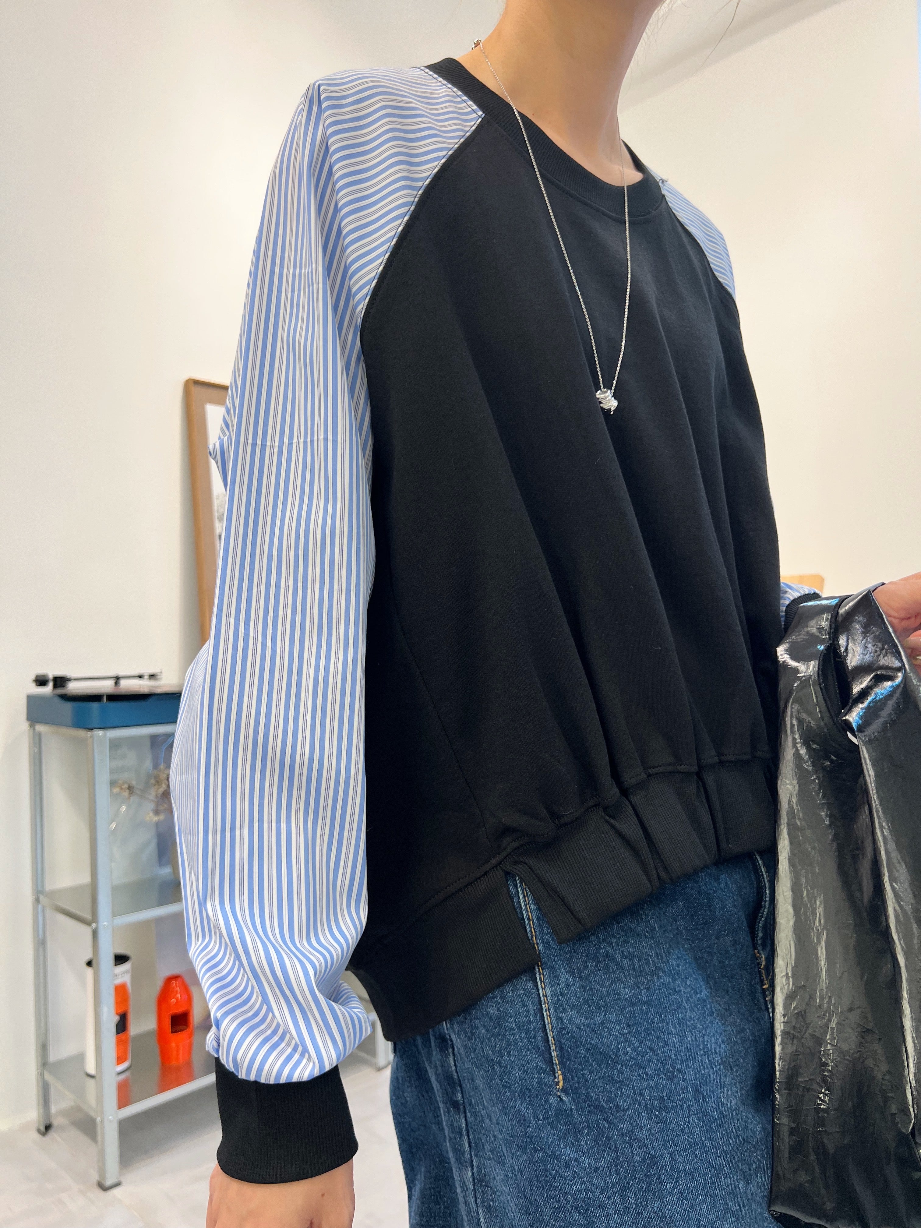 條子袖併布T-shirt/深藍