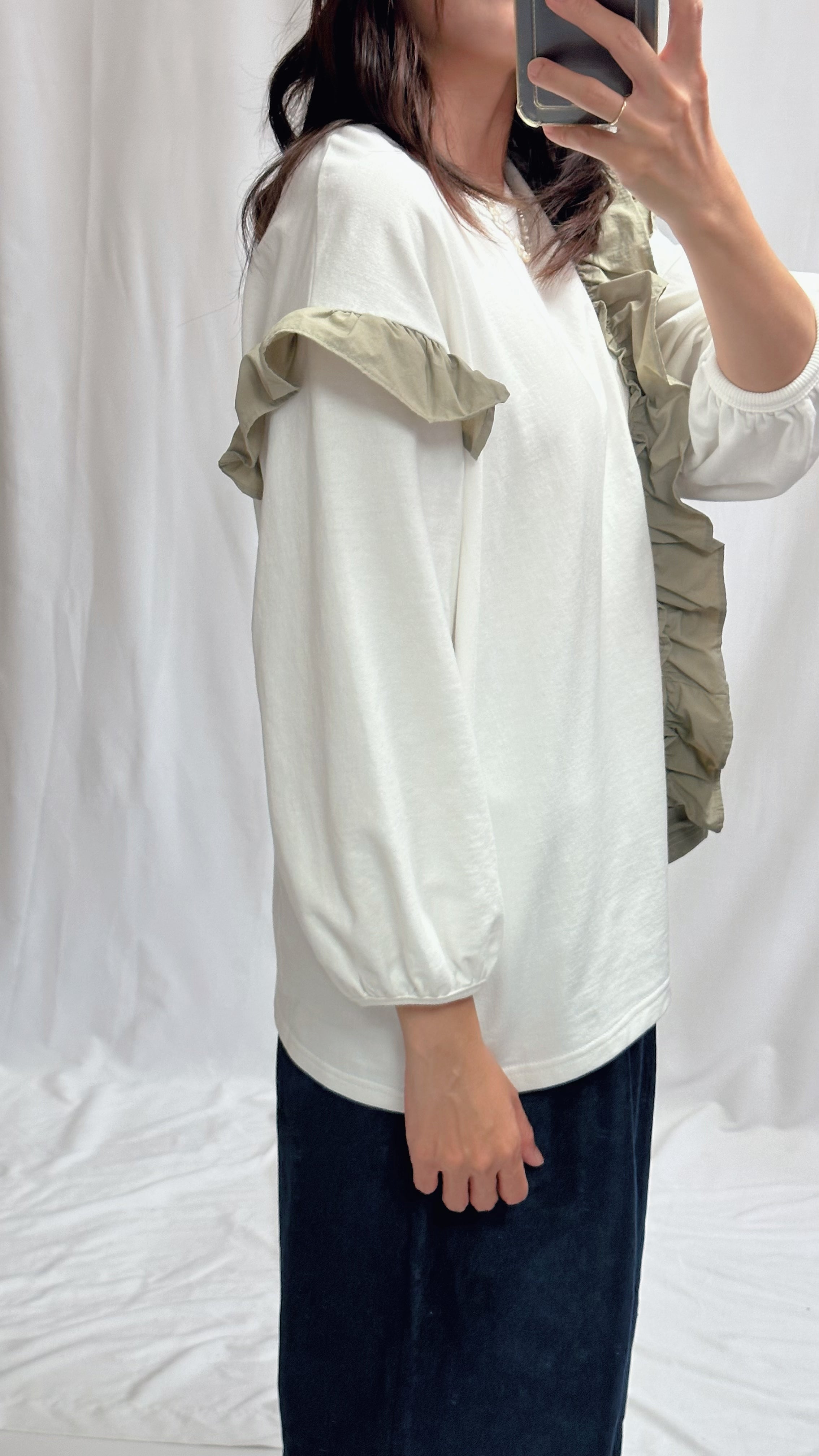 (訂貨)併布撞色Ruffle T-shirt/白
