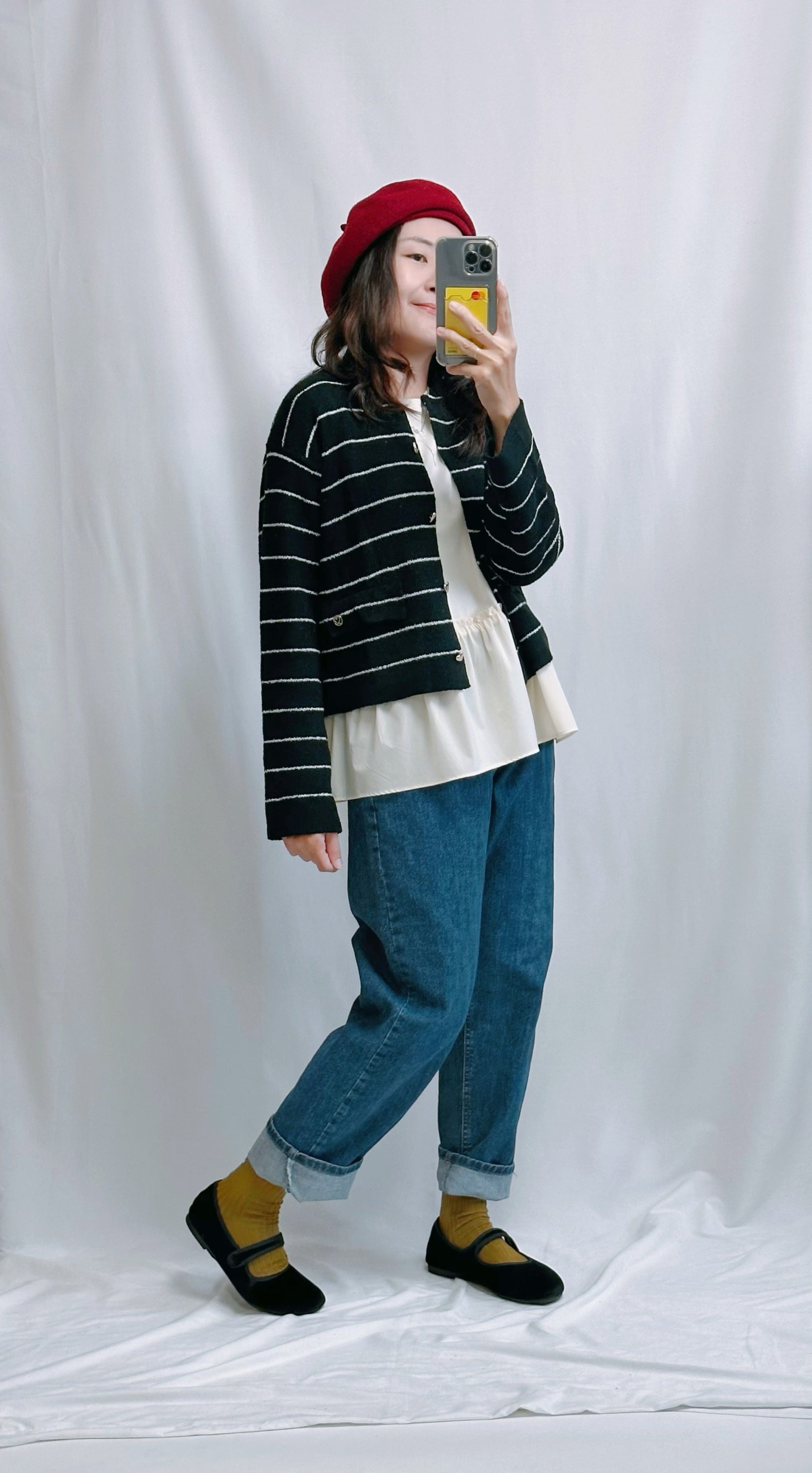 (訂貨)心心鈕扣間條Cardigan/黑