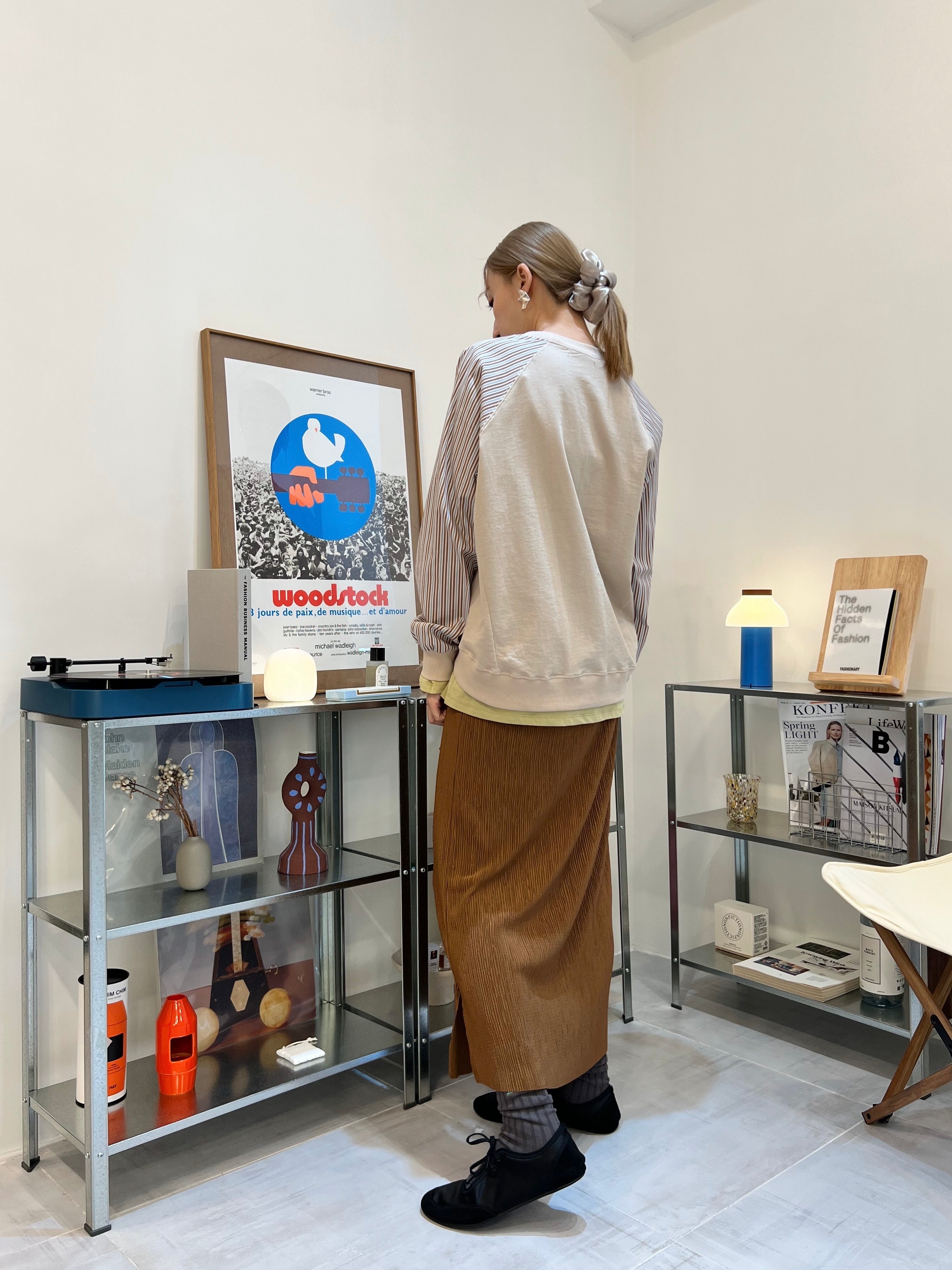 條子袖併布T-shirt/杏