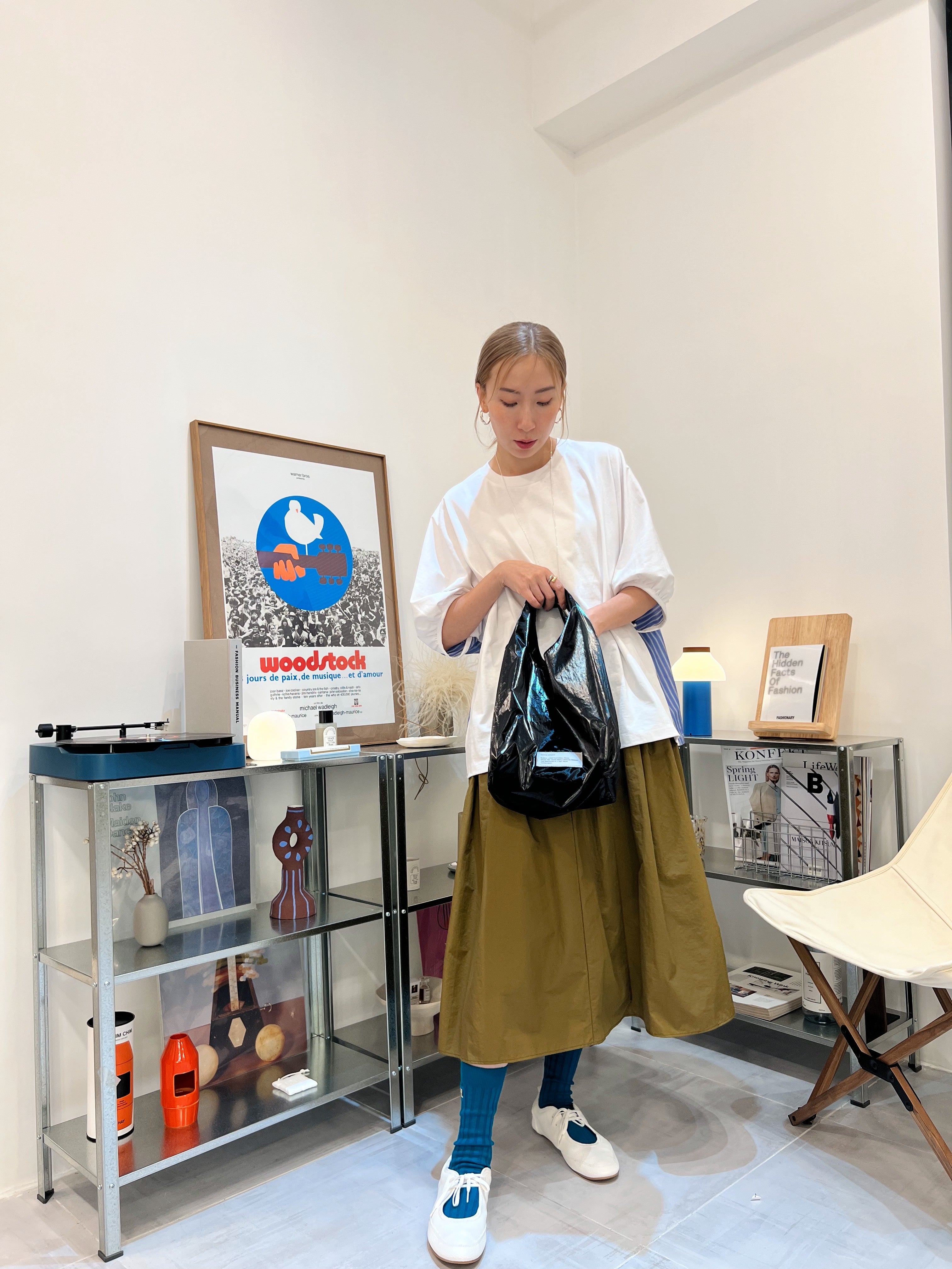 兩側縮褶散裙/橄欖