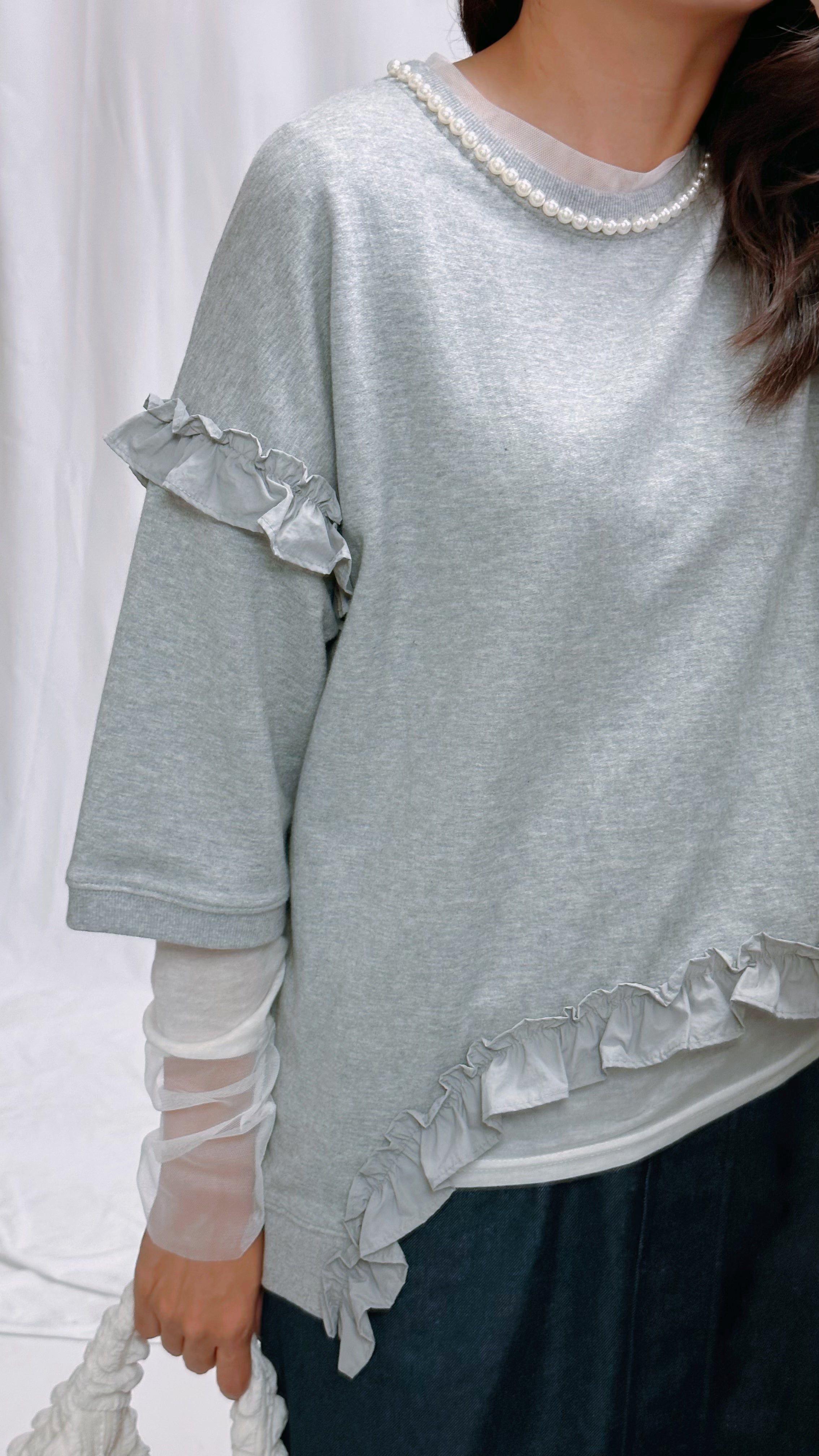 (訂貨)珍珠領縮褶圓腳T-shirt/灰