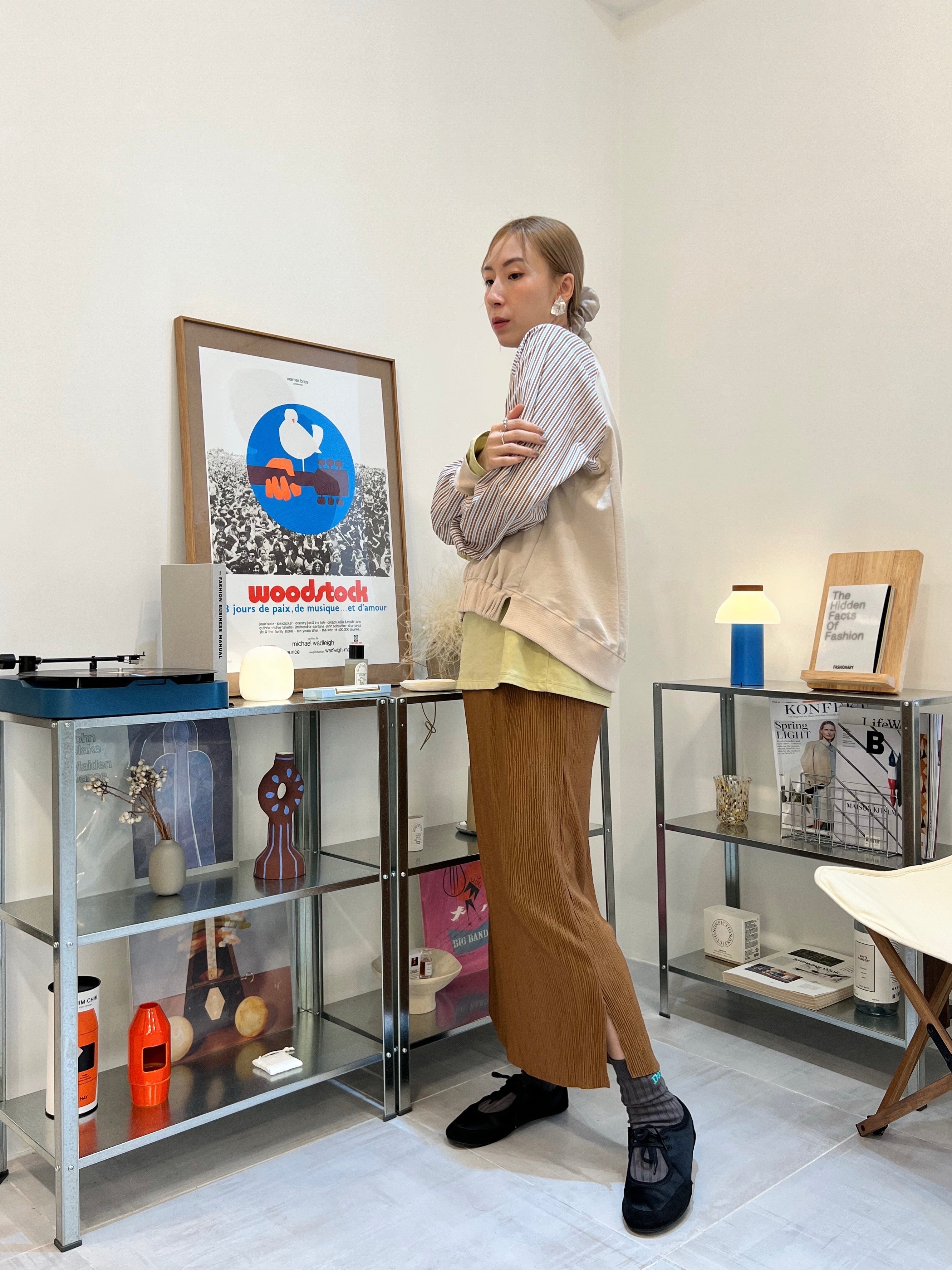 條子袖併布T-shirt/杏