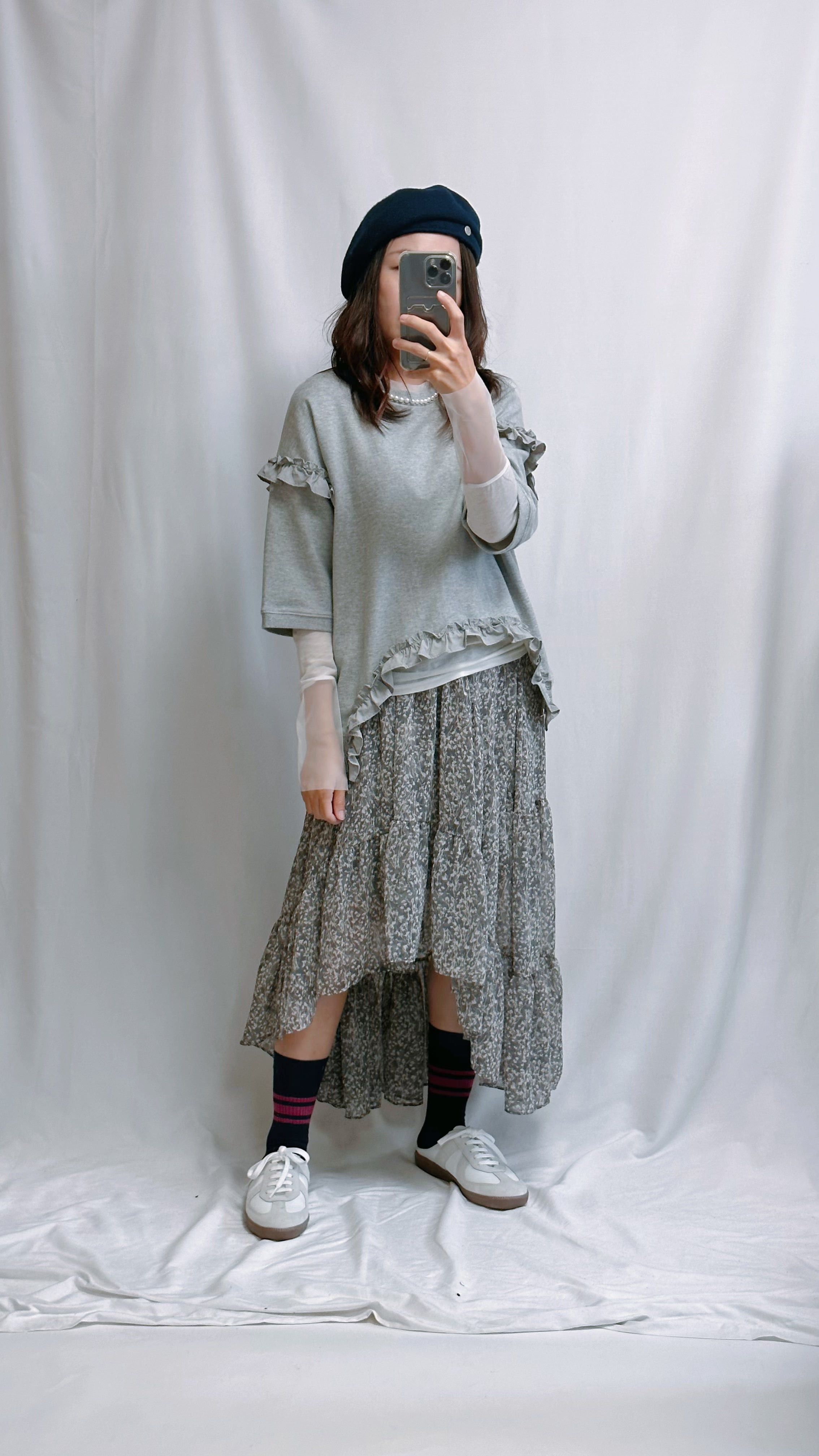 (訂貨)珍珠領縮褶圓腳T-shirt/灰