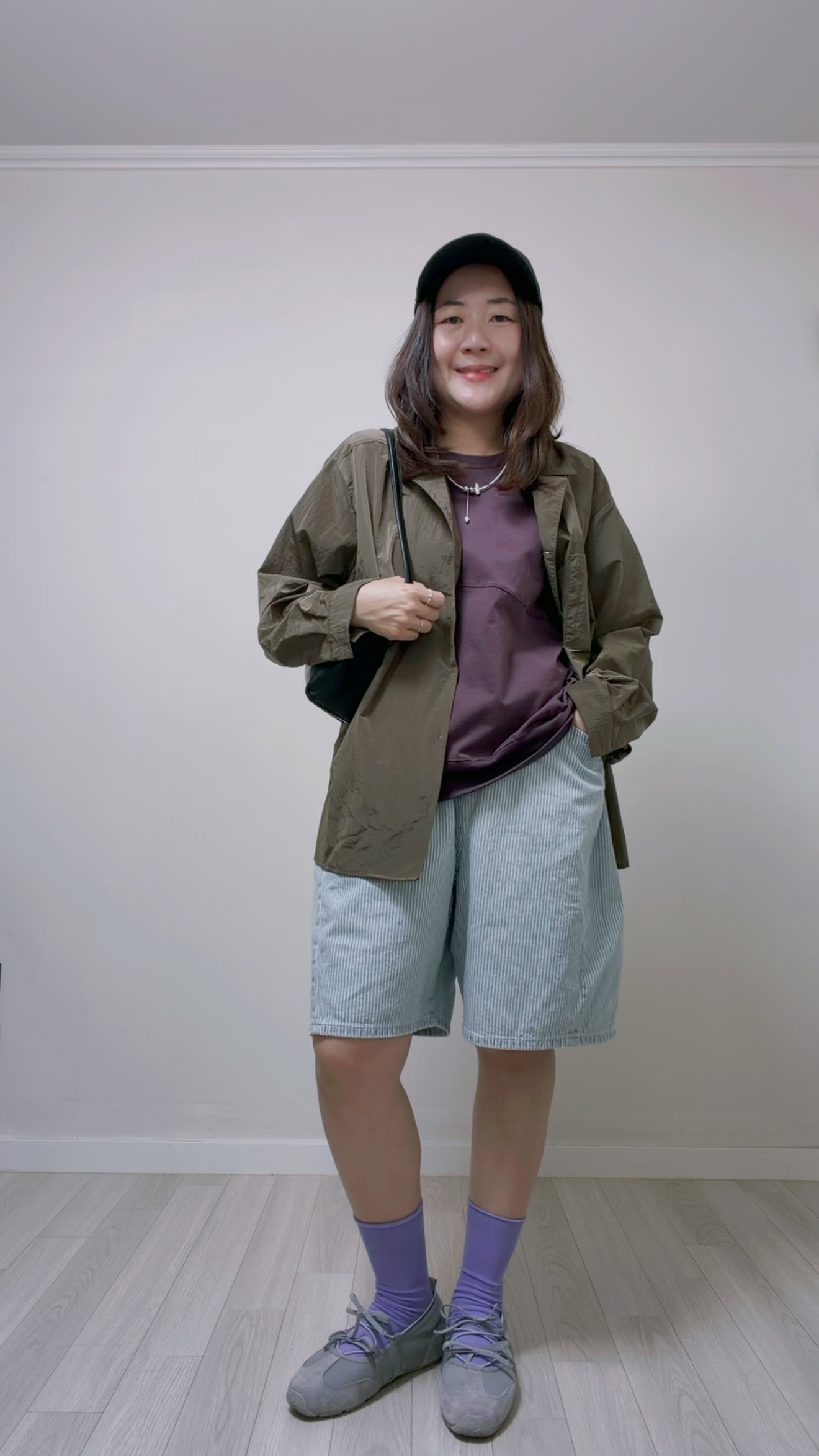 束繩牛仔短褲/條子藍