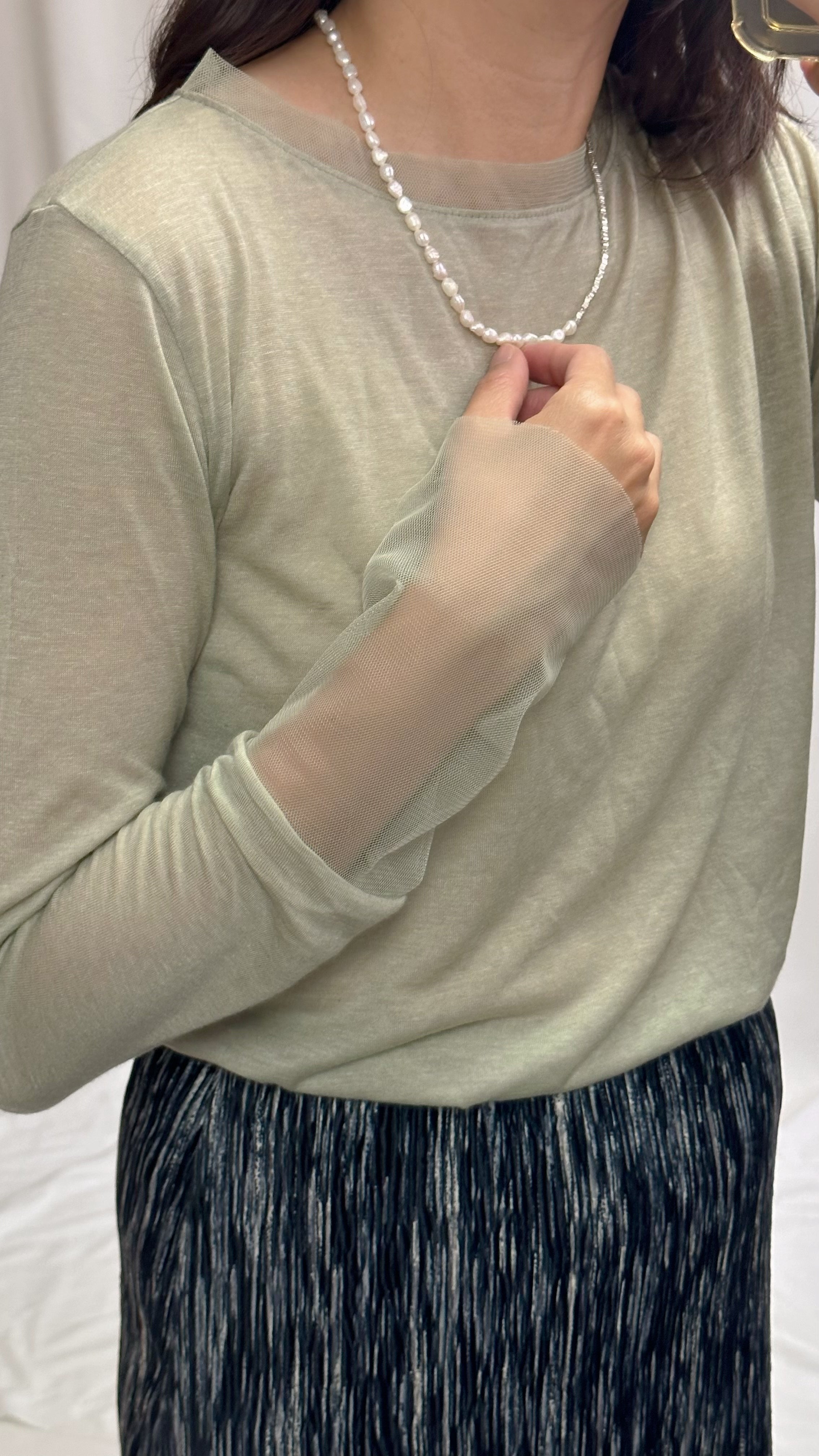 (訂貨)手袖沿領網布T-shirt/霧綠