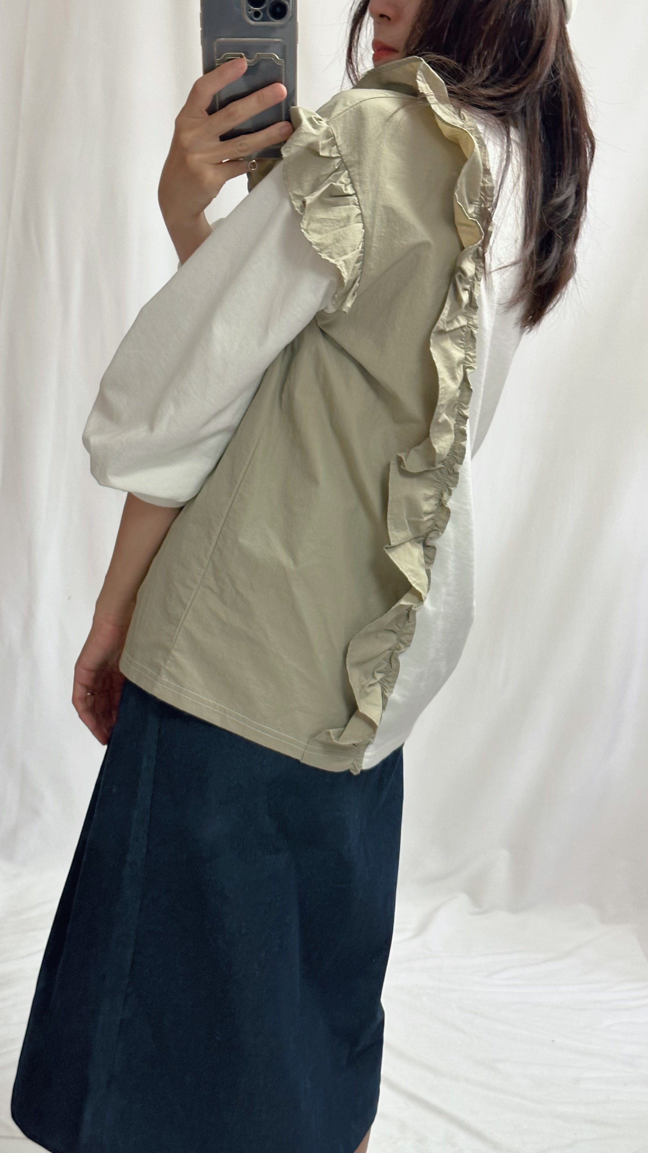 (訂貨)併布撞色Ruffle T-shirt/白