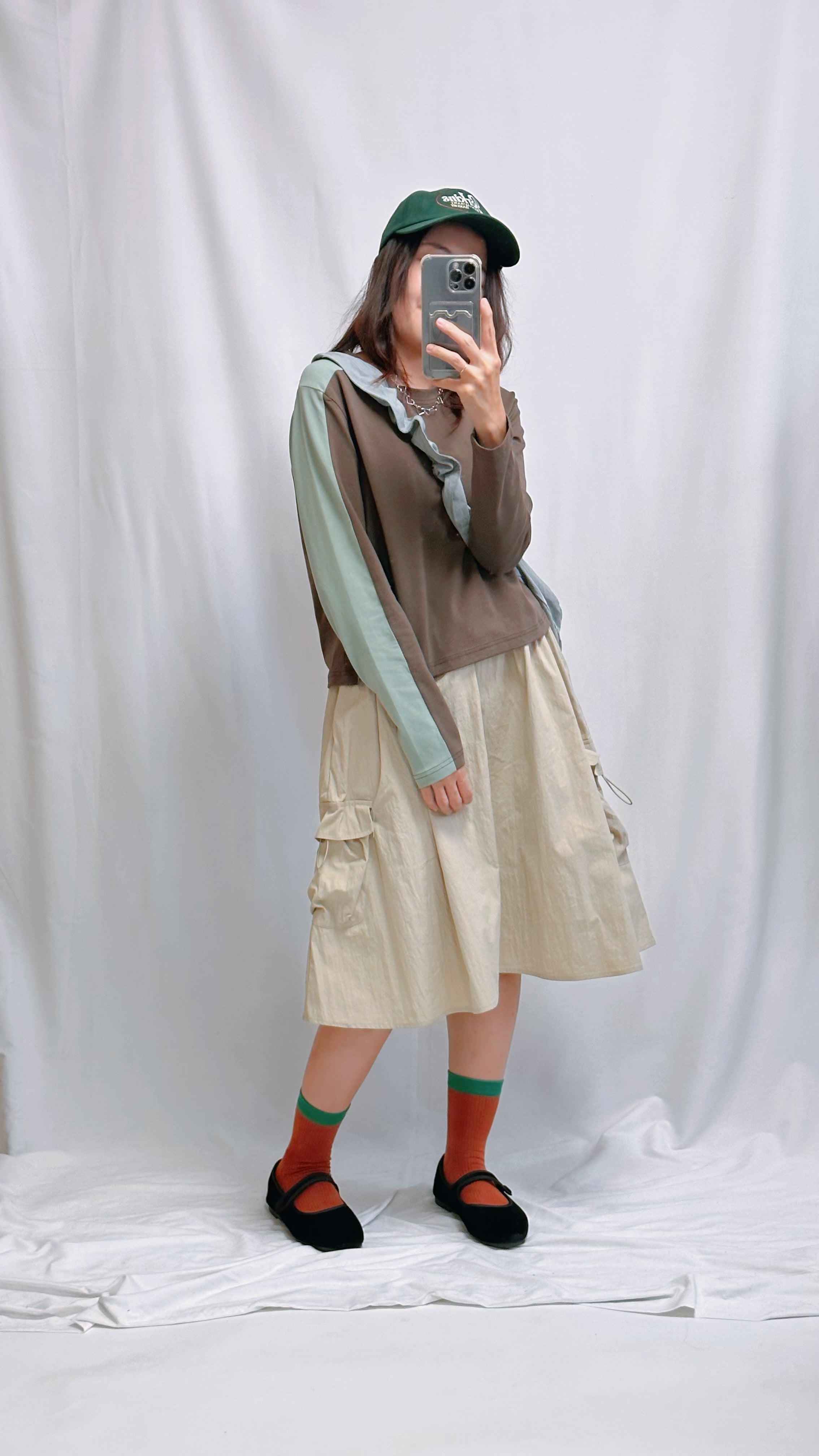 (訂貨)左右不同撞色袖T-shirt/啡
