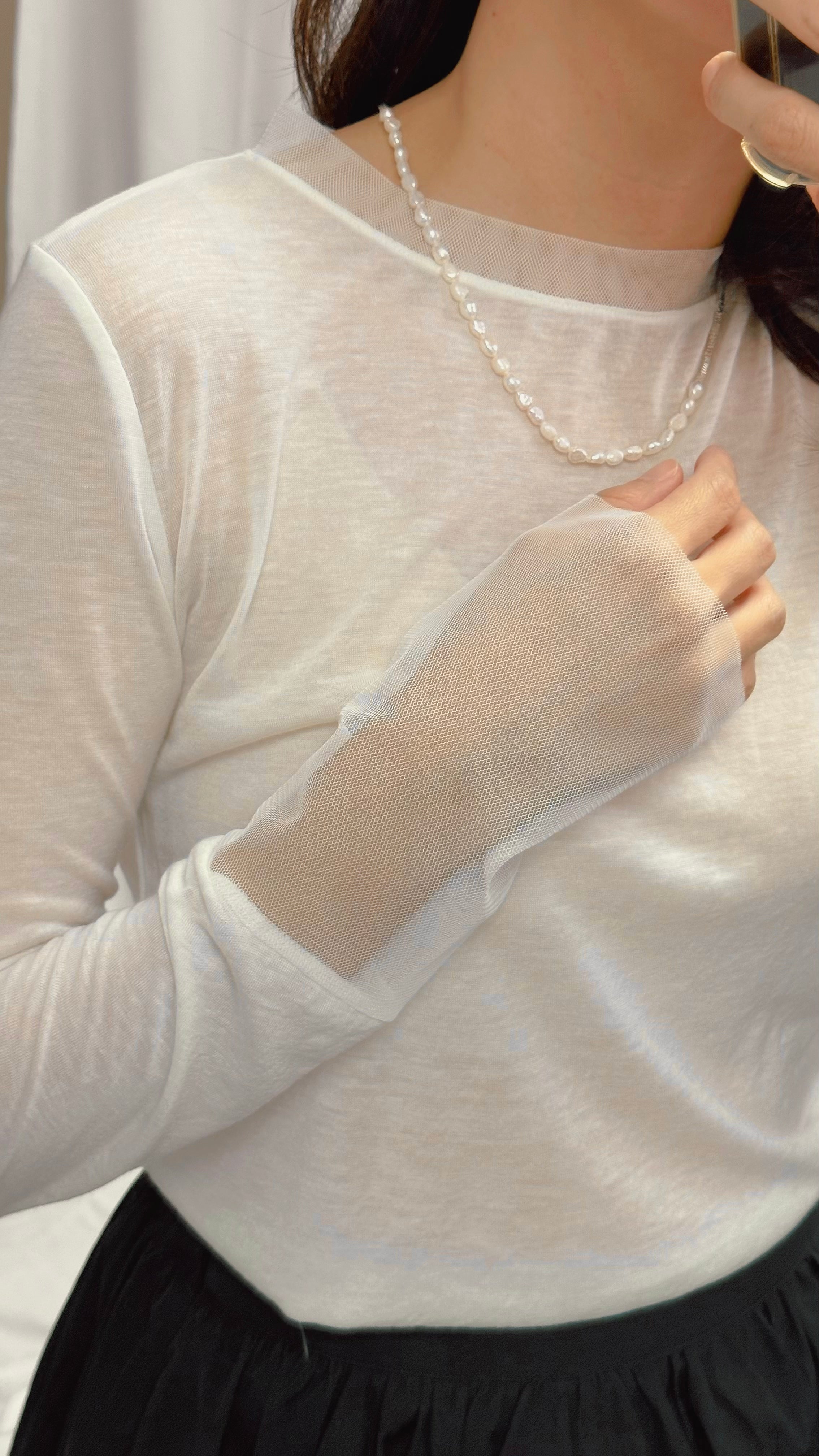 (訂貨)手袖沿領網布T-shirt/米白