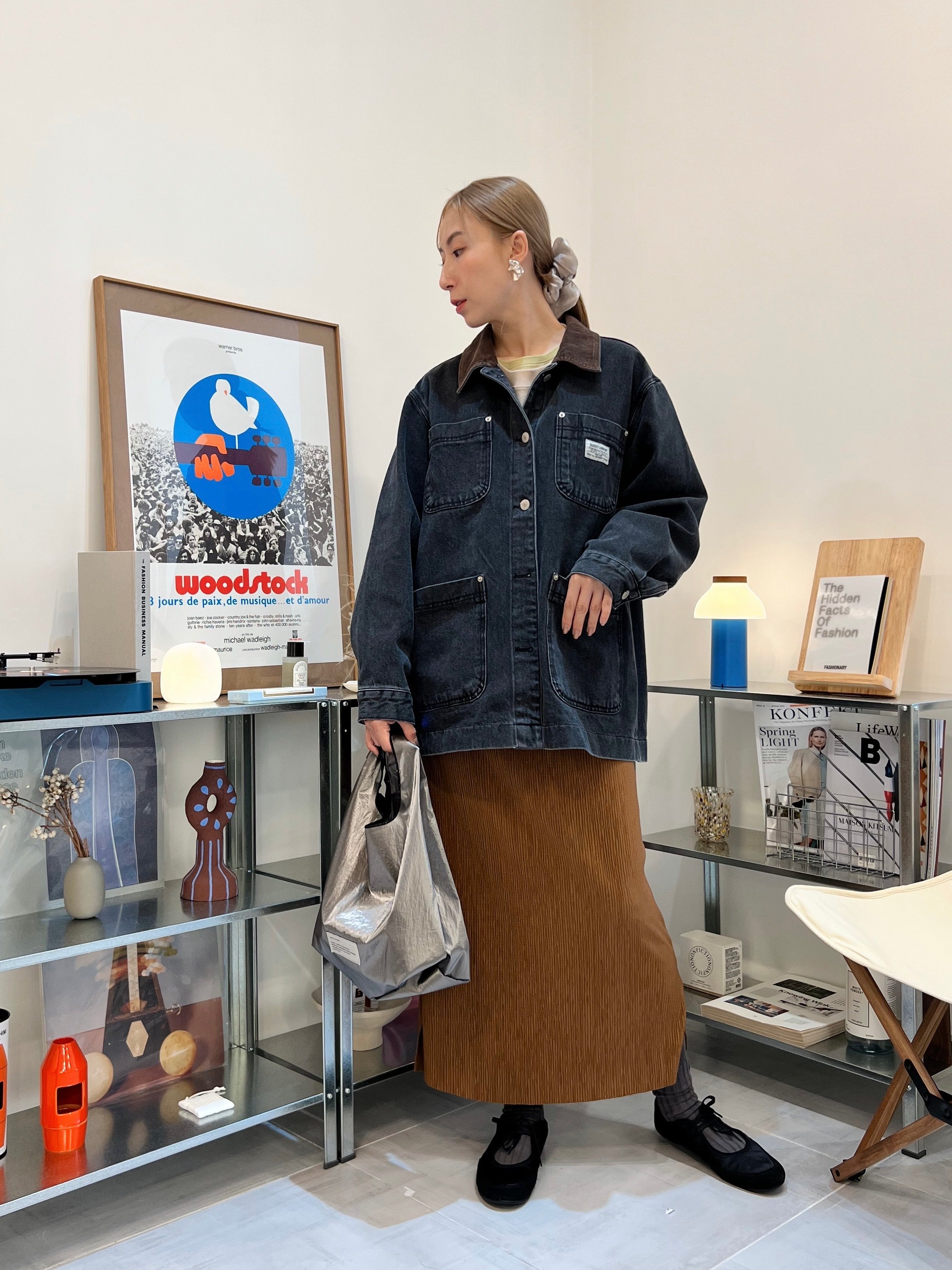 燈心絨領牛仔褸/黑