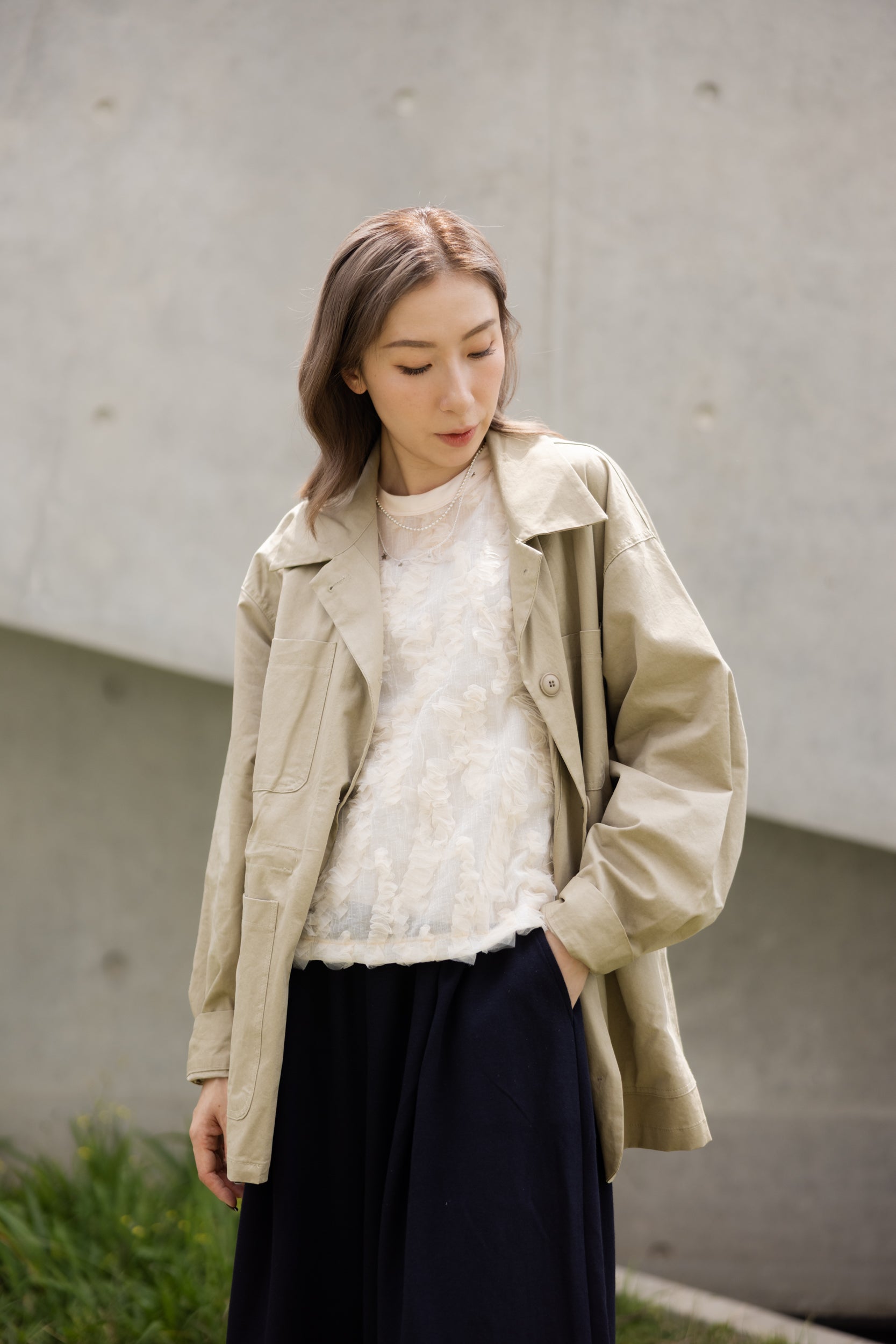 可束腰四袋薄外套/杏