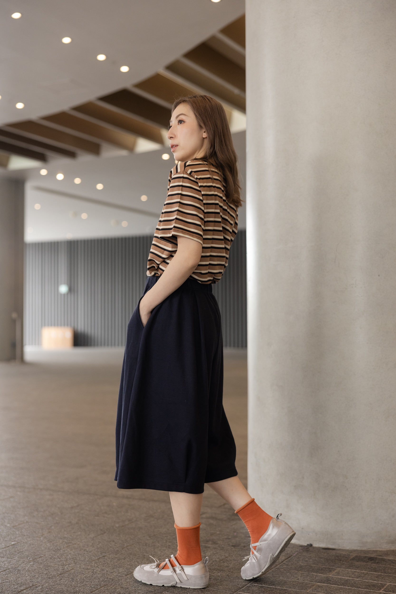 三色間條T-shirt/啡