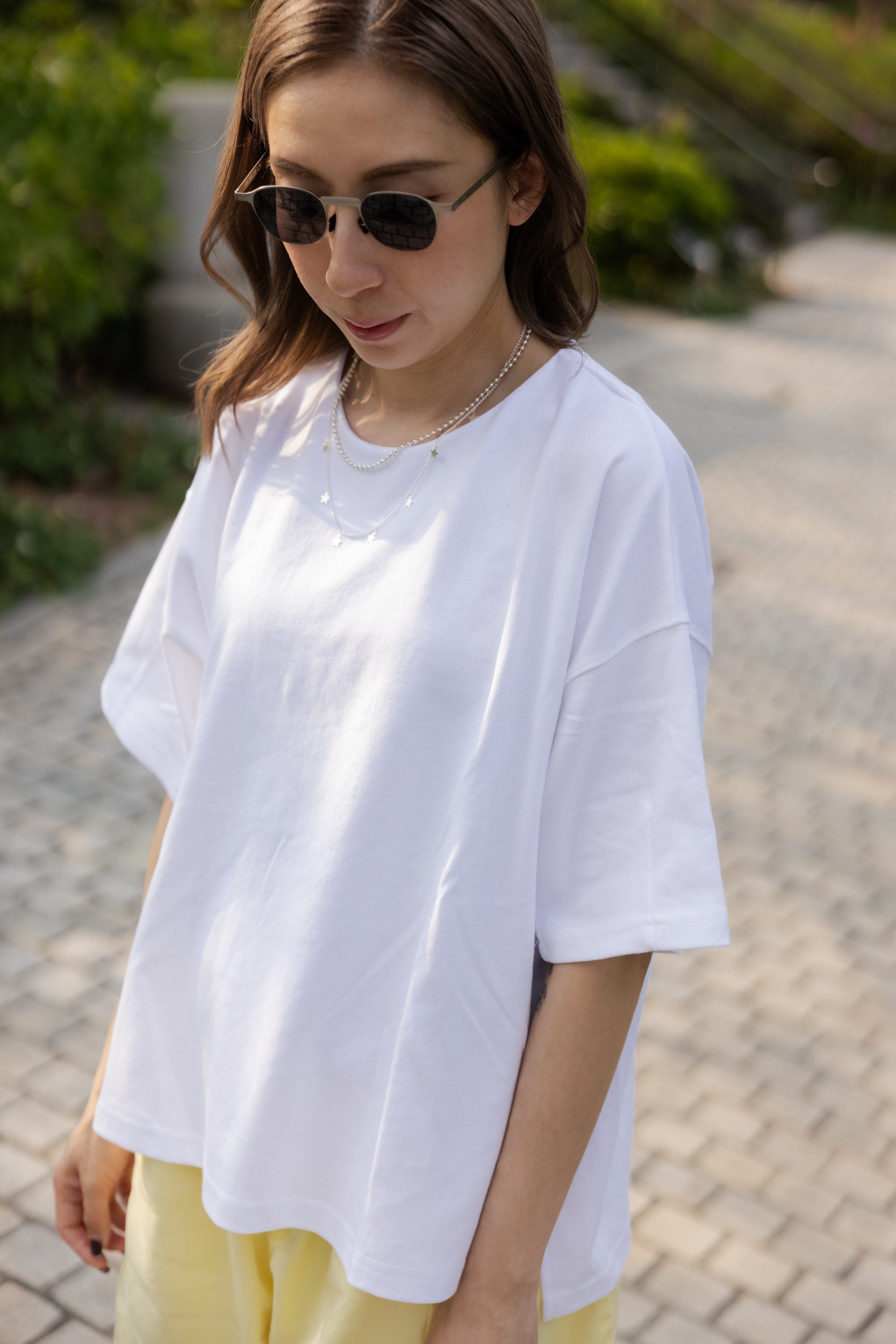 後領小V T-shirt/白