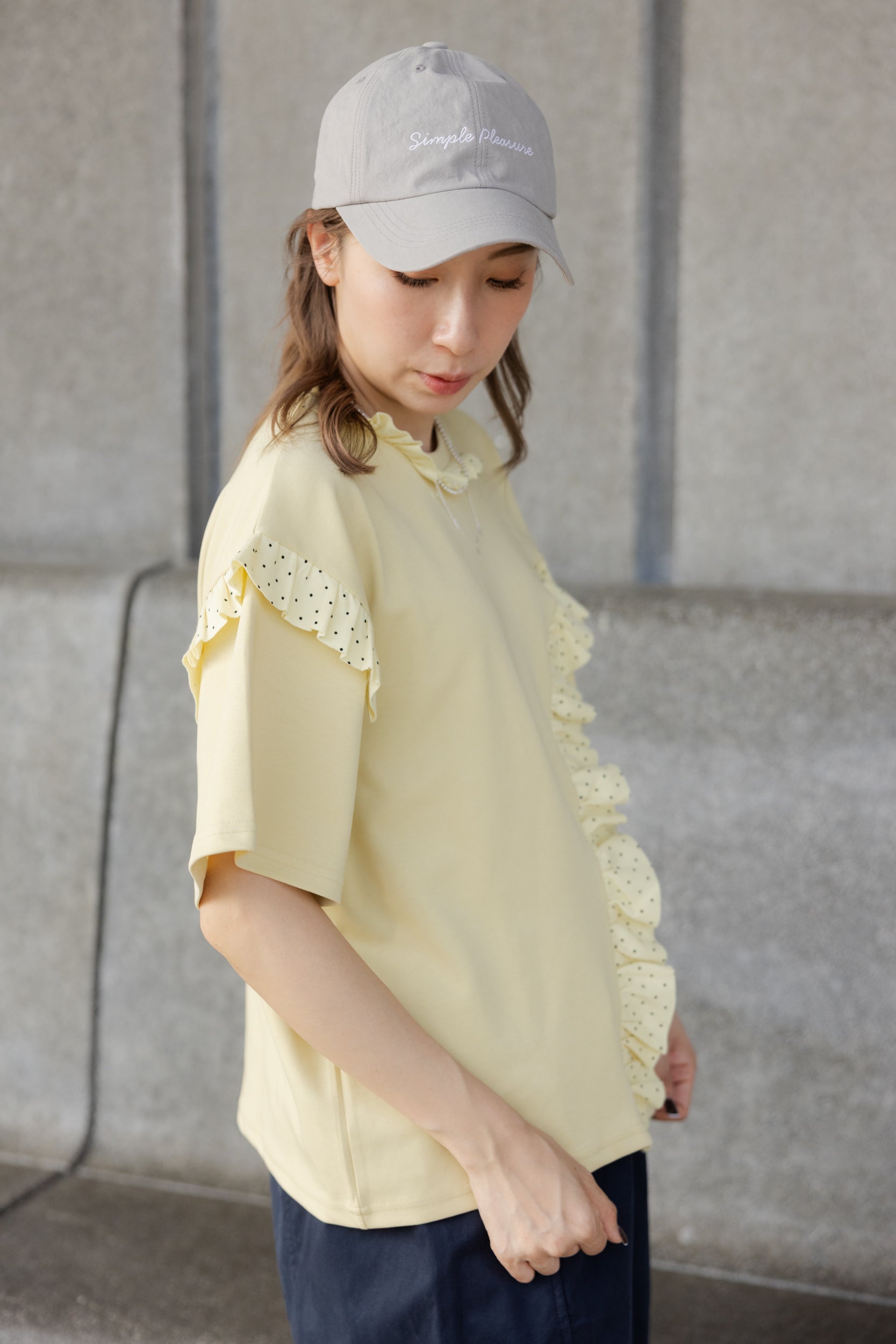 波點縮褶邊T-shirt/黃