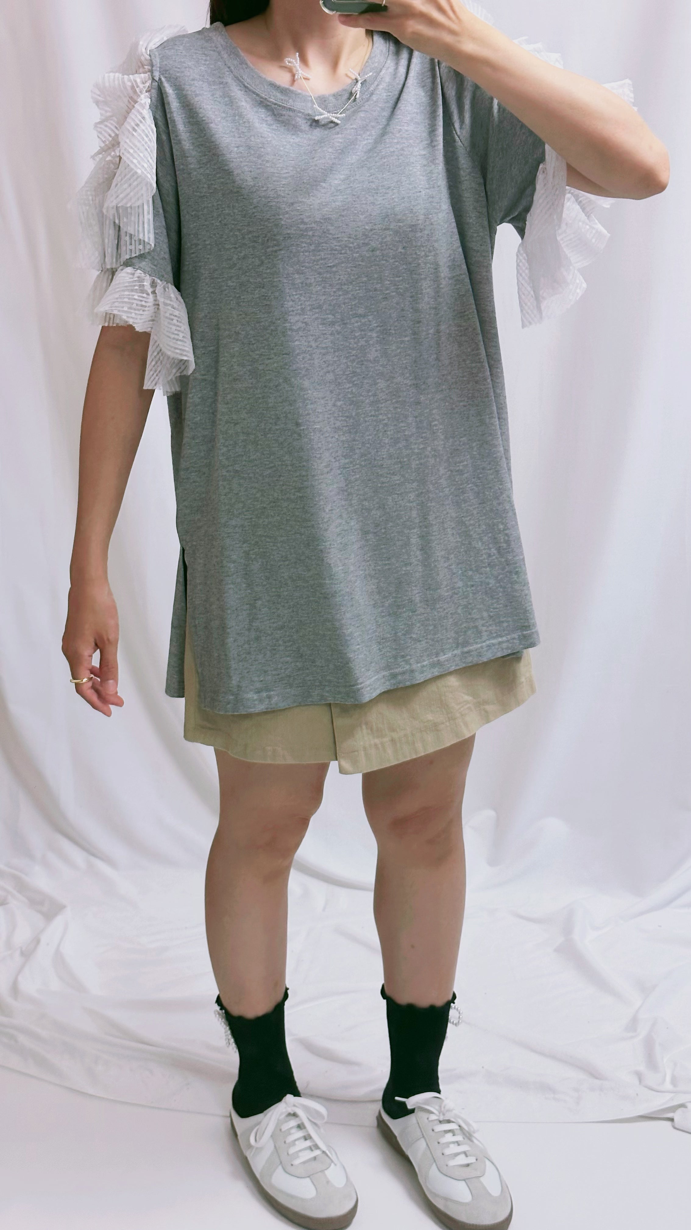 點點網布袖挑空T-shirt/灰