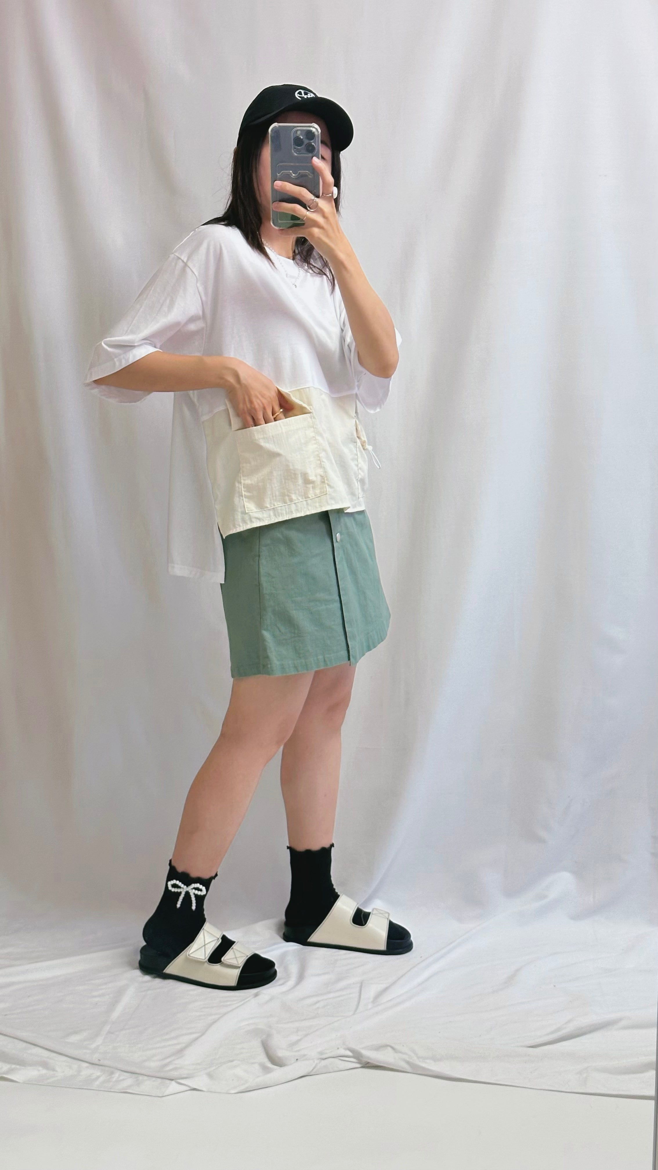 併布雙袋T-shirt/白+杏