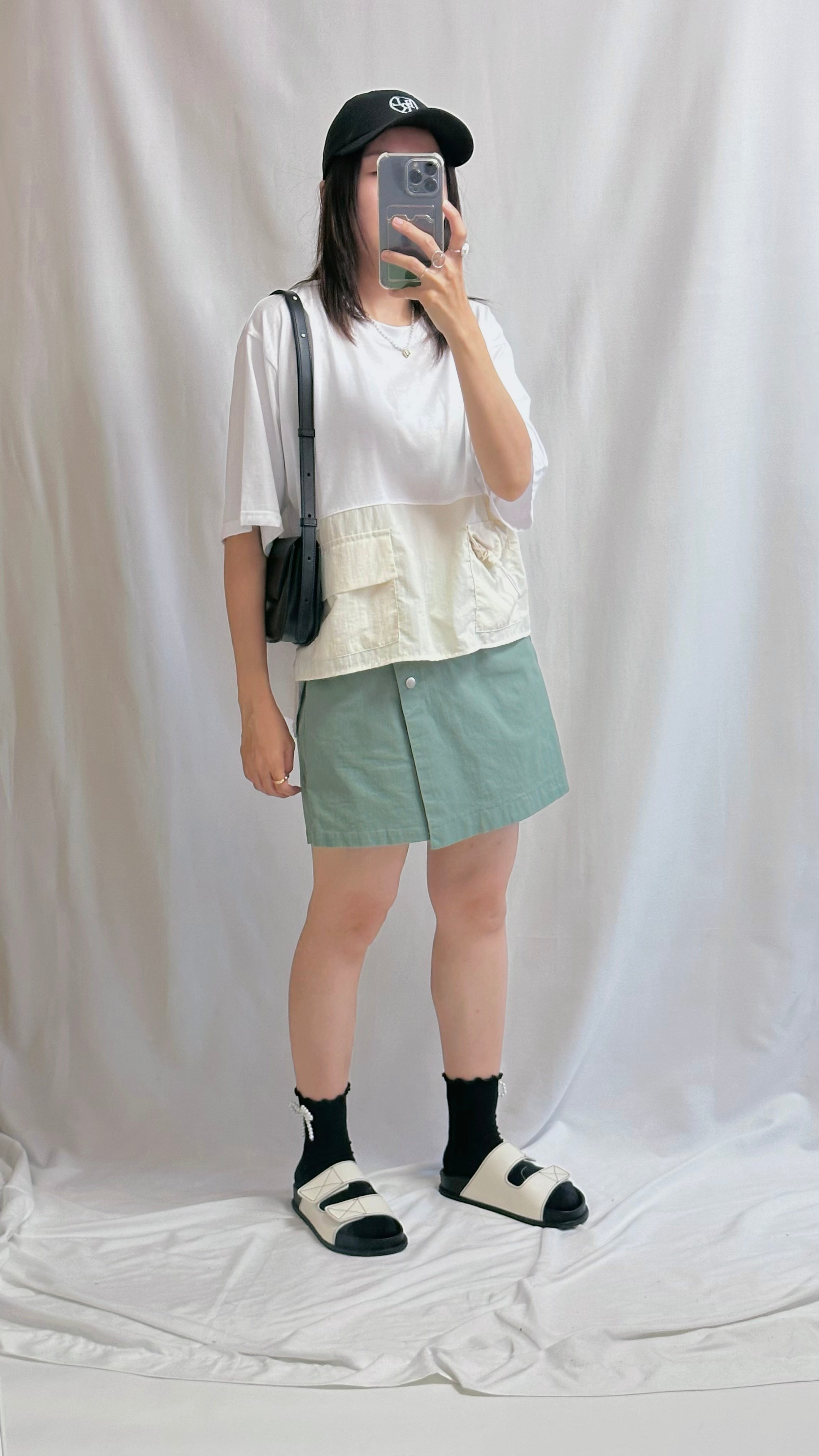 併布雙袋T-shirt/白+杏
