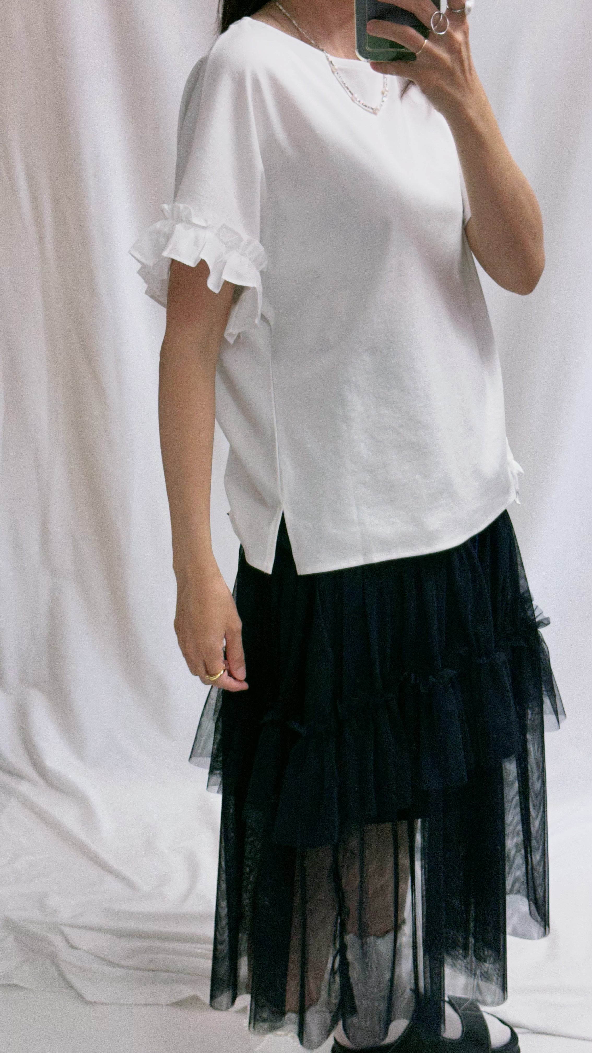 單邊衫腳ruffle T-shirt/白