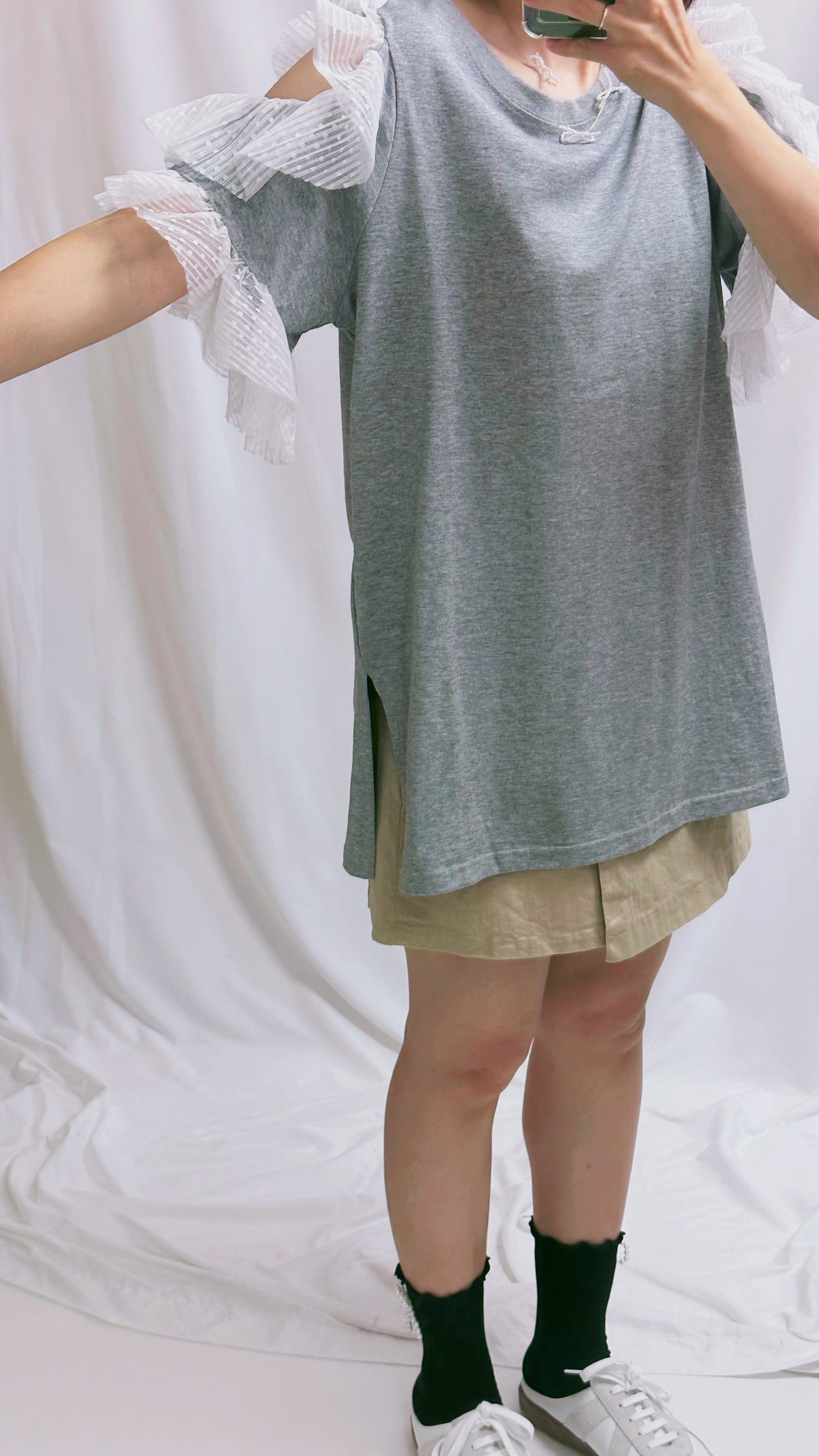 點點網布袖挑空T-shirt/灰