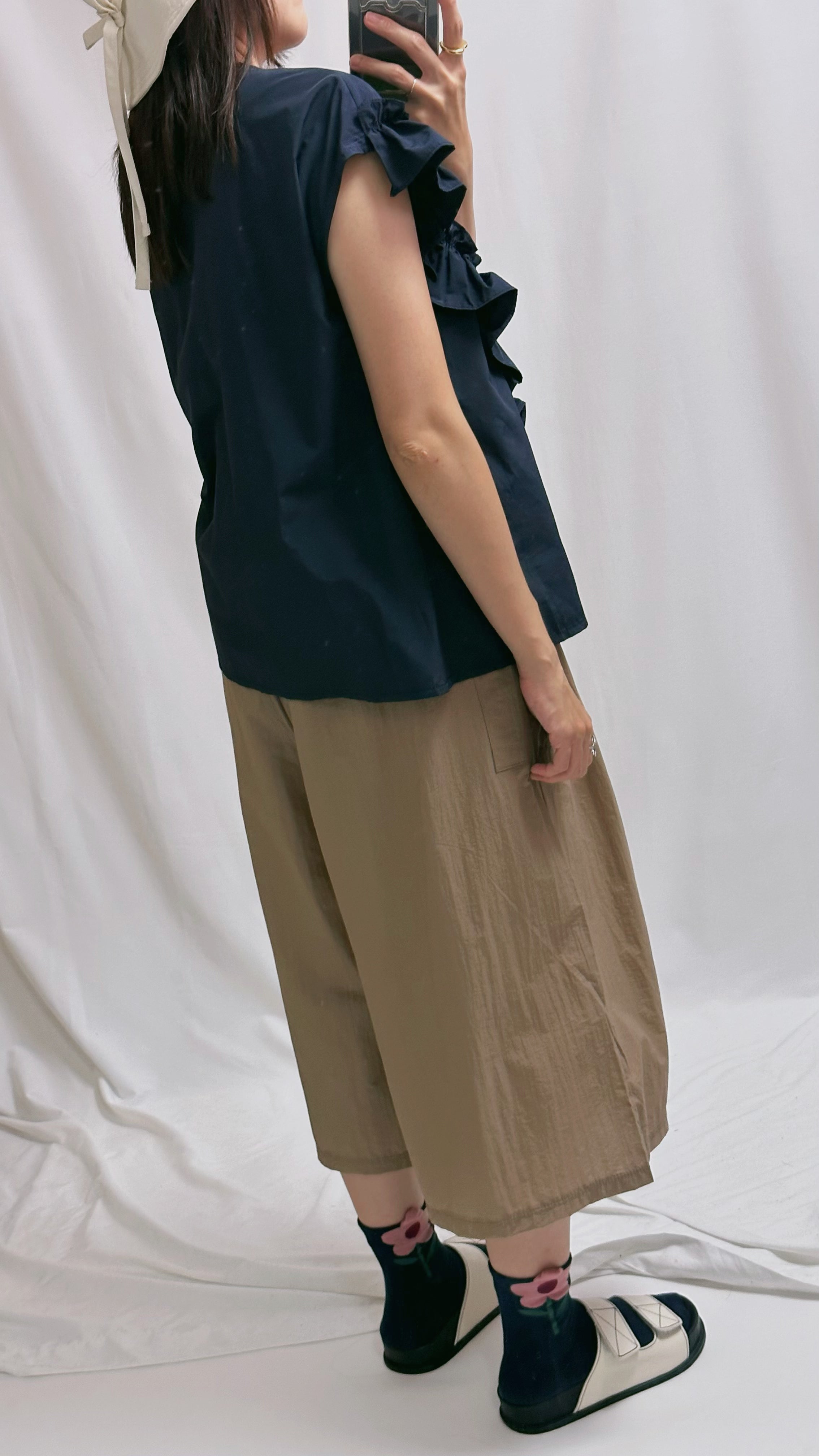 不對稱縮褶恤衫/深藍