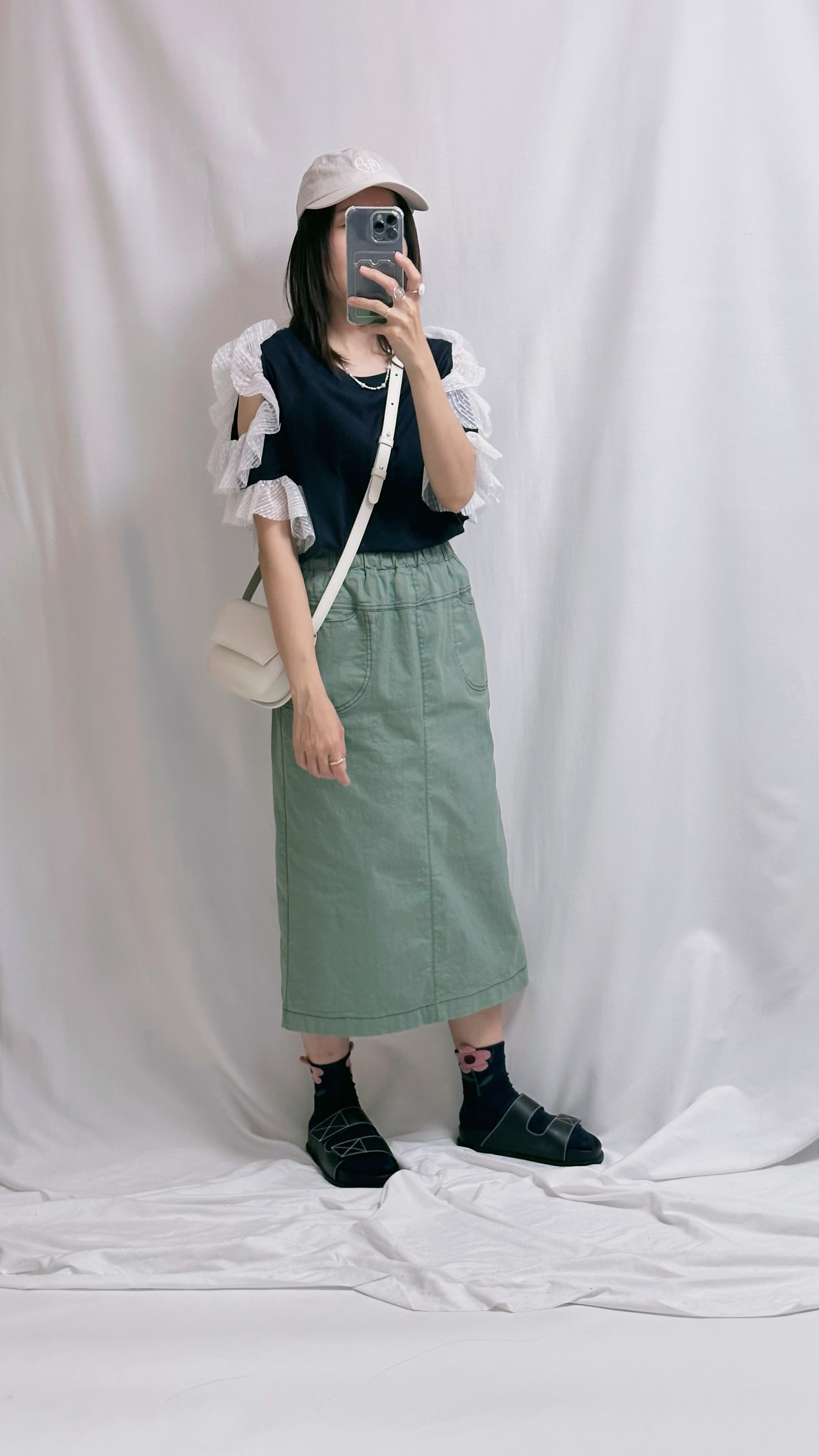 點點網布袖挑空T-shirt/深藍