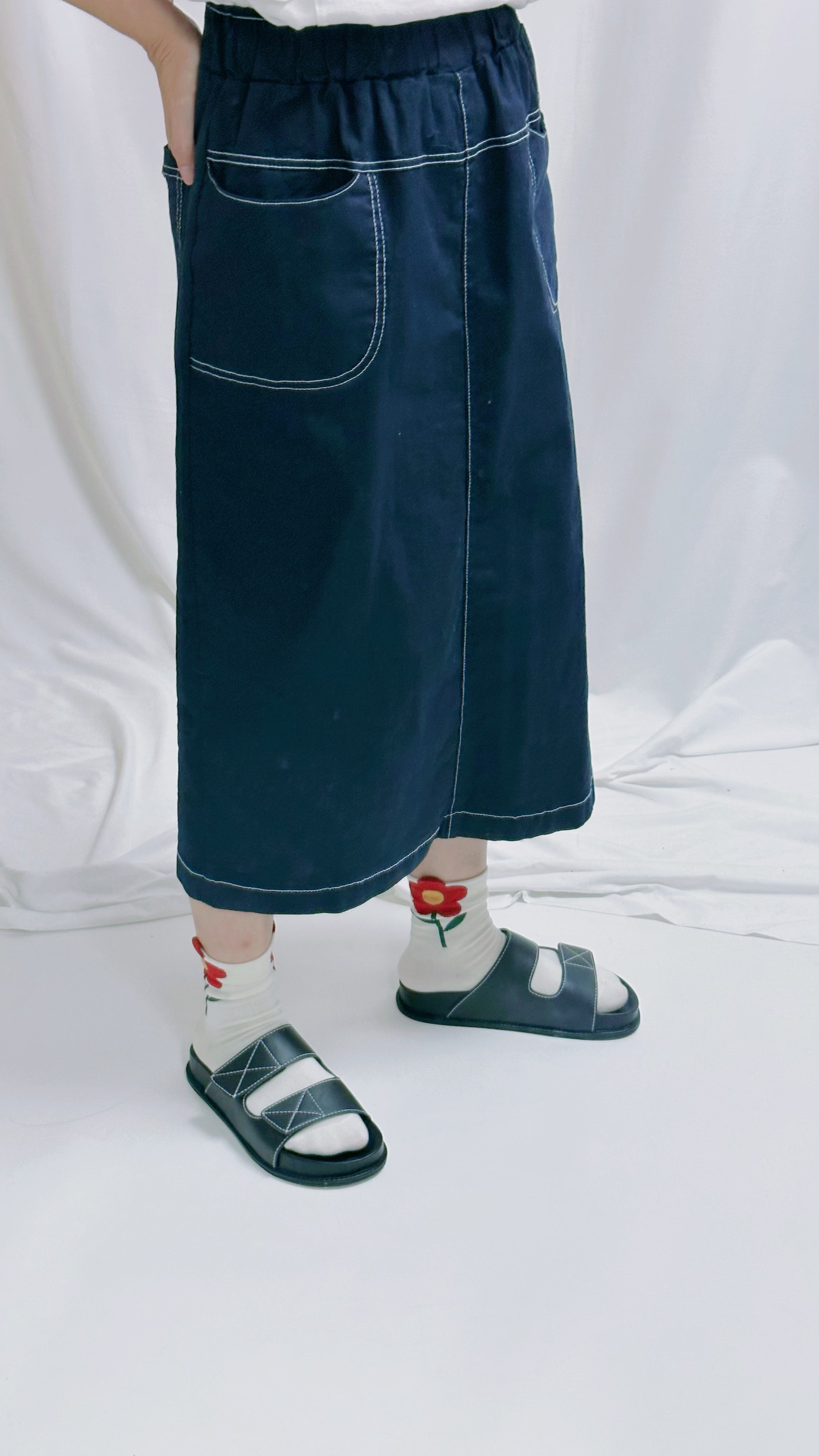 撞色線圓袋直身裙/深藍
