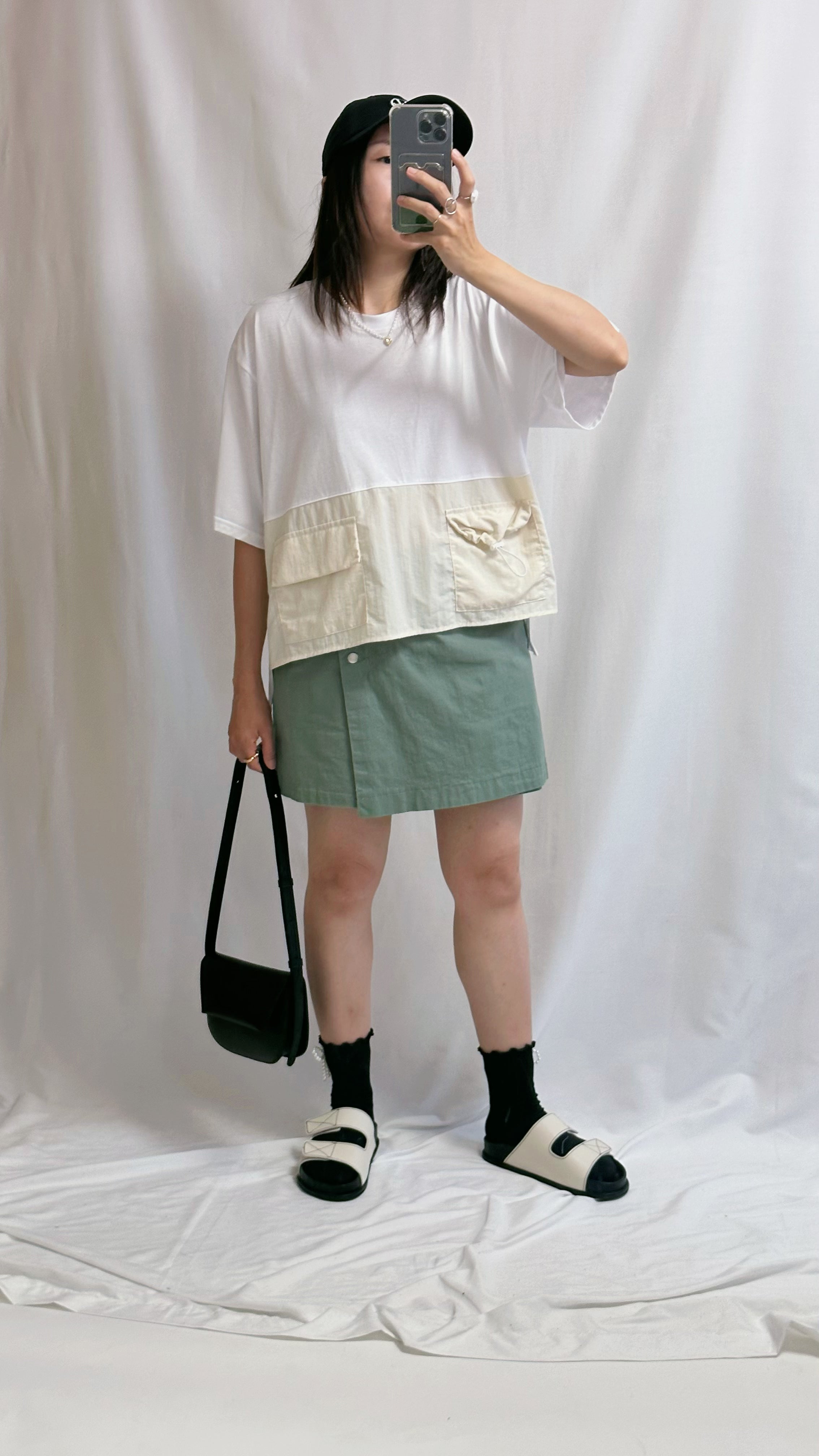 併布雙袋T-shirt/白+杏