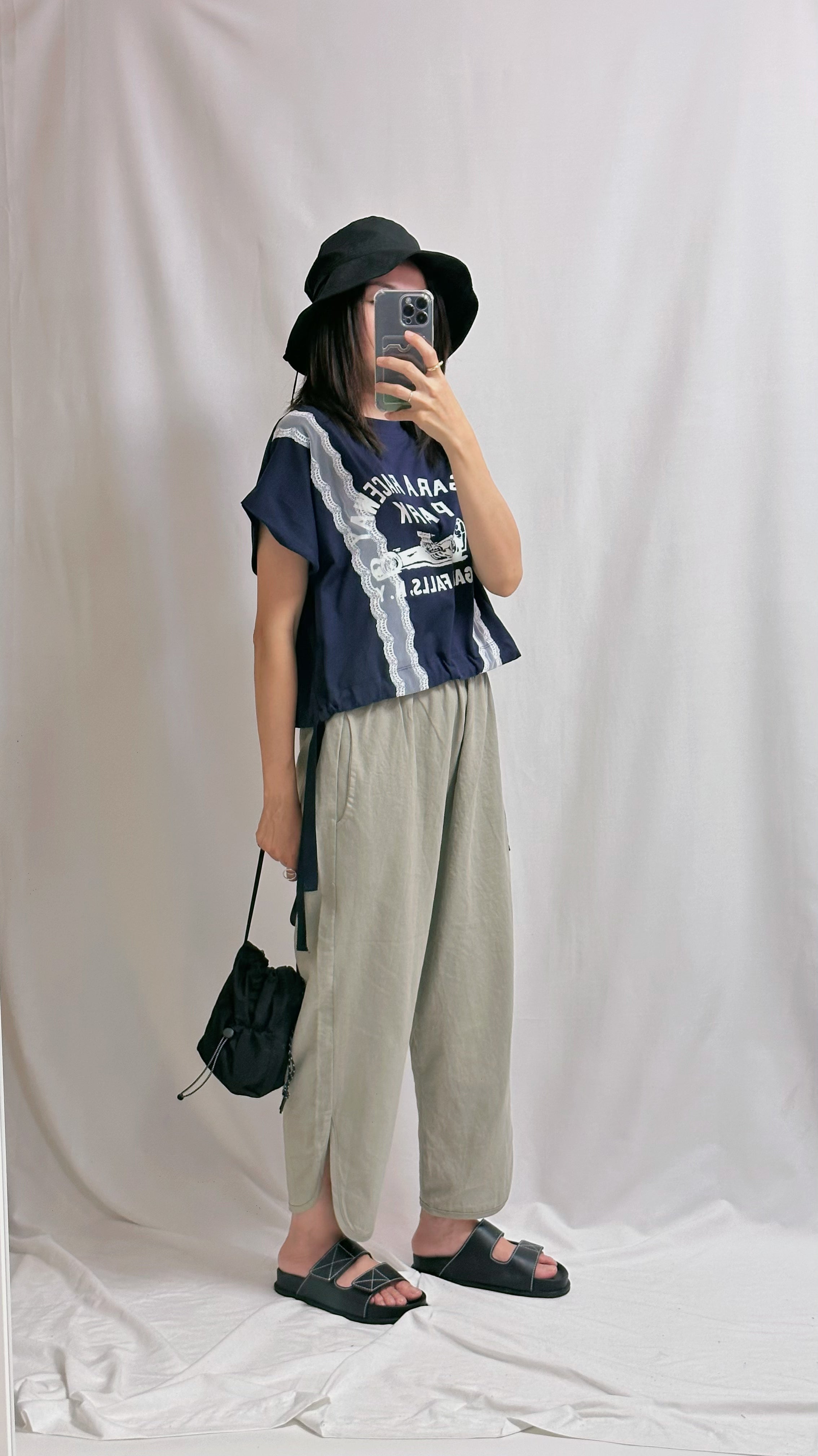 圓腳開叉麻質褲/淡軍綠
