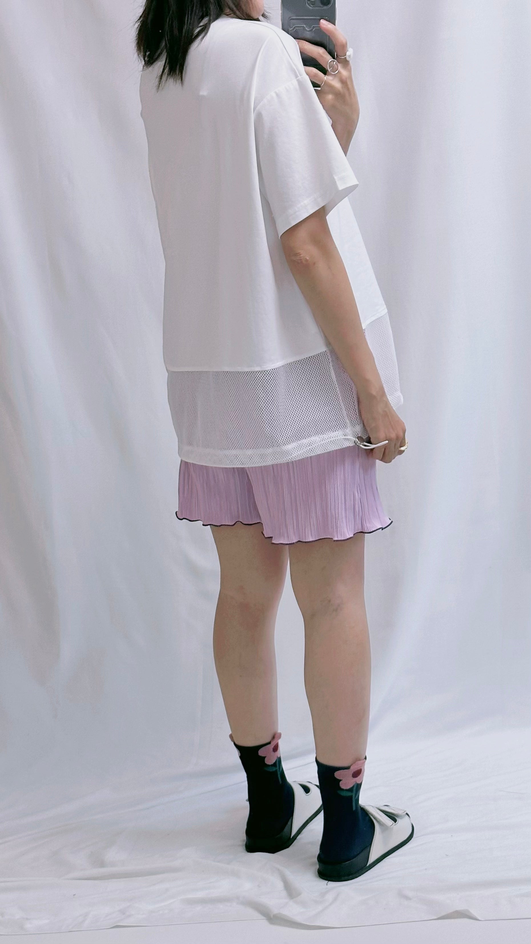 壓褶撞色邊短褲/淺紫