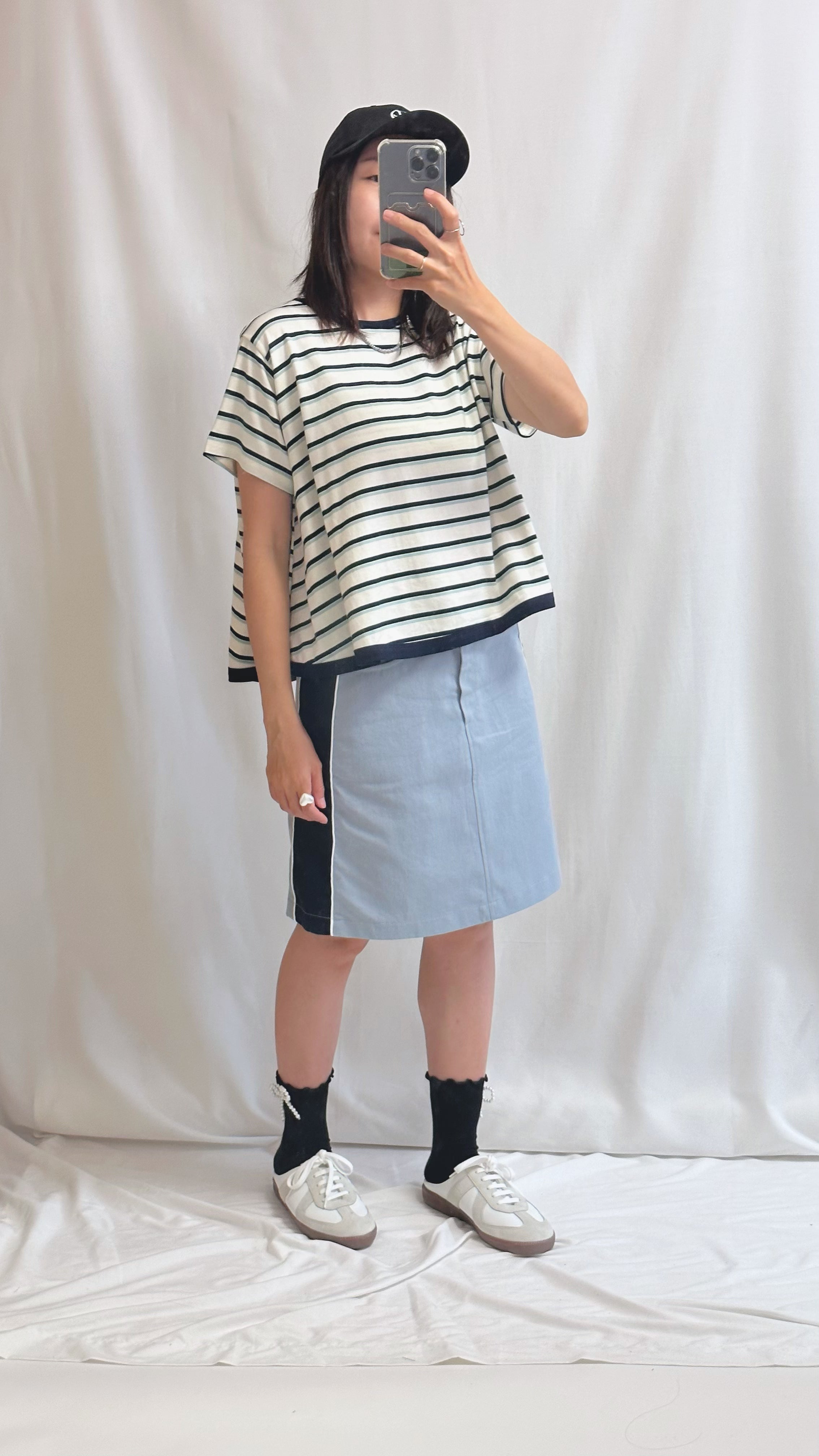 雙色間條T-shirt/深藍+粉綠